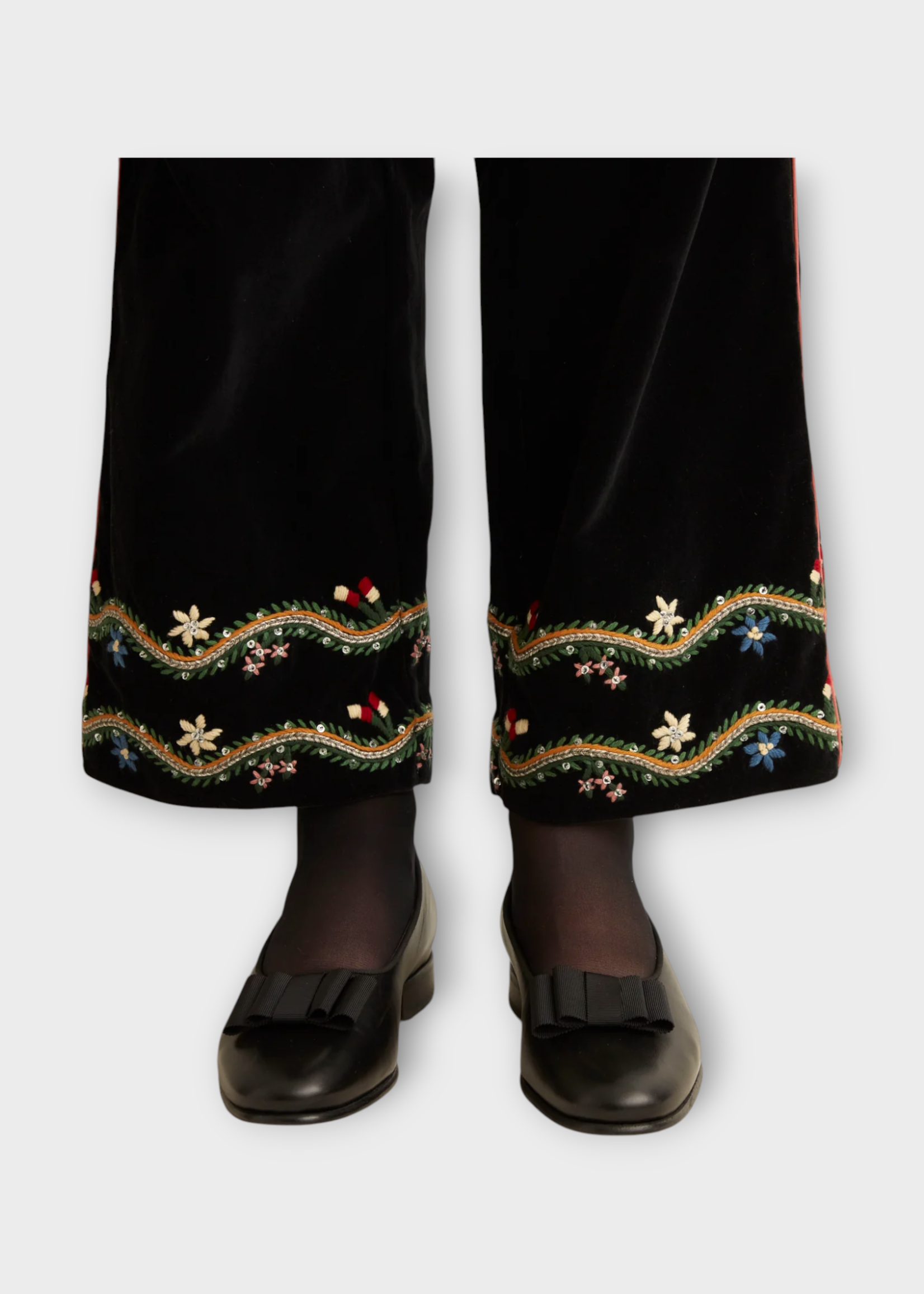 Bode Bode Trousers, Black, Murray Cotton High Waist Straight Leg Pants In Black w/ Multicolour Alpine flower Embroidery