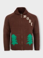 Bode Bode Knitwear, Brown, Wool Shawl Collar Zipped Cardigan In Brown w/ Fir Trees Motif