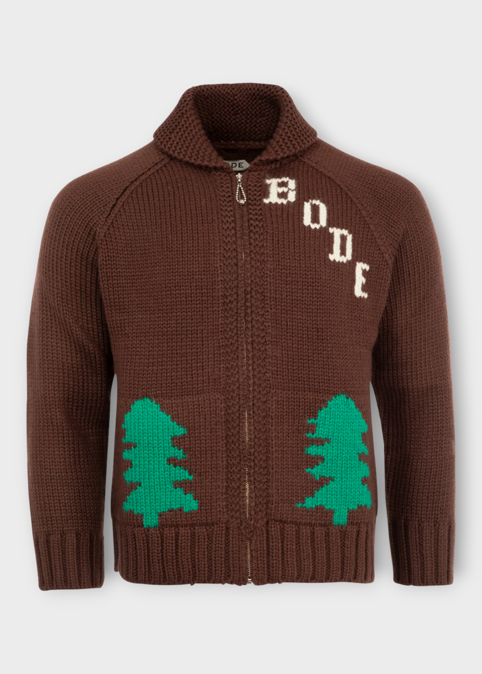 Bode Bode Knitwear, Brown, Wool Shawl Collar Zipped Cardigan In Brown w/ Fir Trees Motif