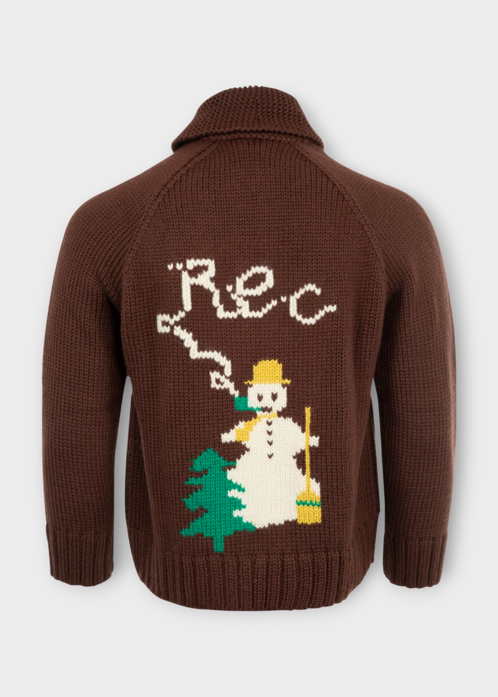 Bode Bode Knitwear, Brown, Wool Shawl Collar Zipped Cardigan In Brown w/ Fir Trees Motif