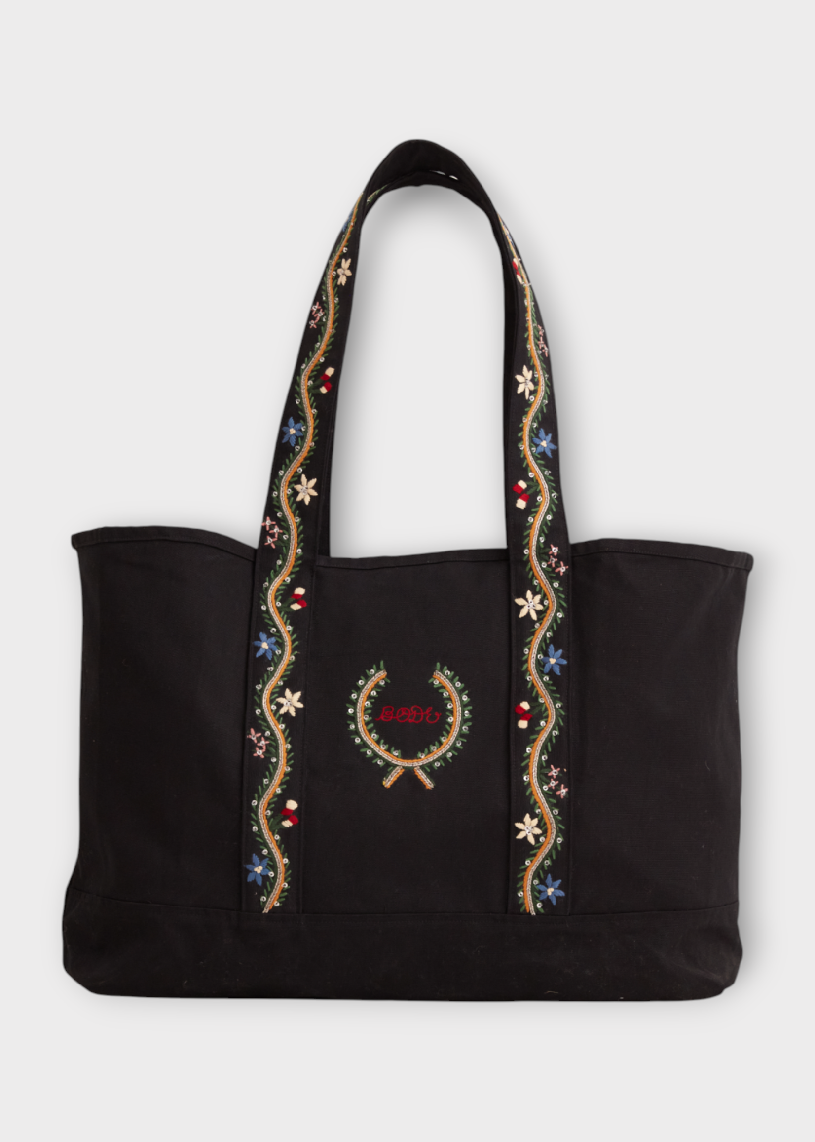 Bode Bode Bag, Multi, Cotton Tote Bag In Black w/ Multicolour Alpine flower Embroidery