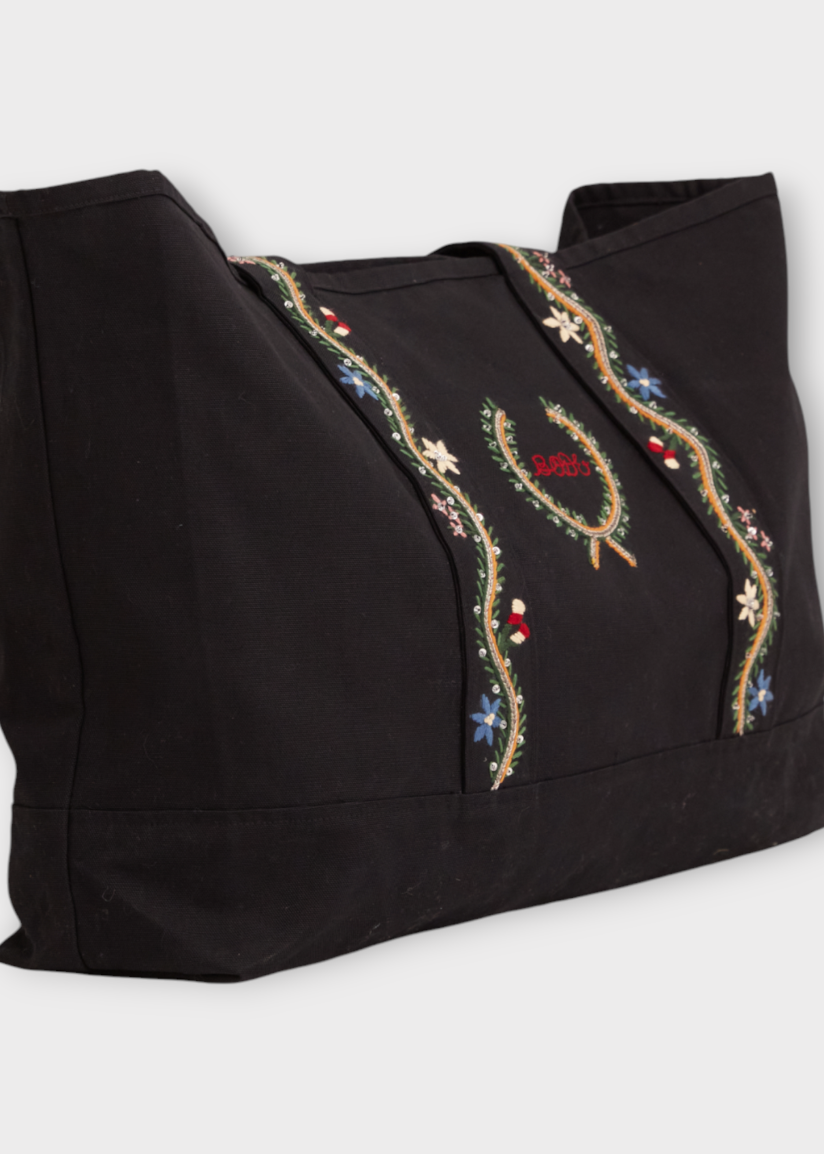 Bode Bode Bag, Multi, Cotton Tote Bag In Black w/ Multicolour Alpine flower Embroidery