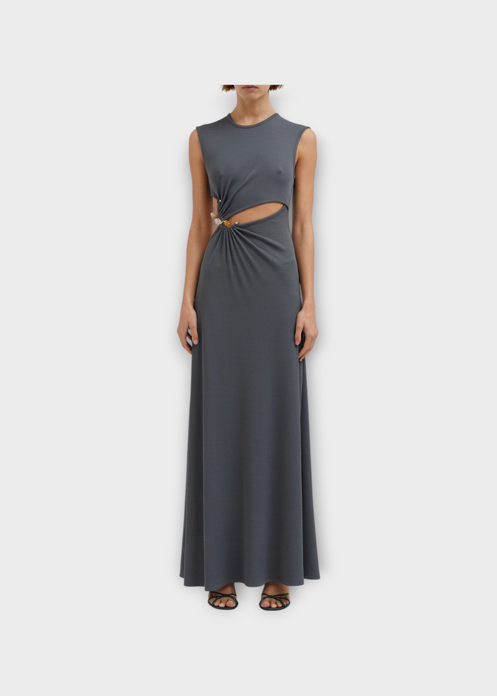Christopher Esber Christopher Esber Dress, Grey, Concave Stone Tank Long Dress In Steel w/ Cut Out Detail & Quartz Stone