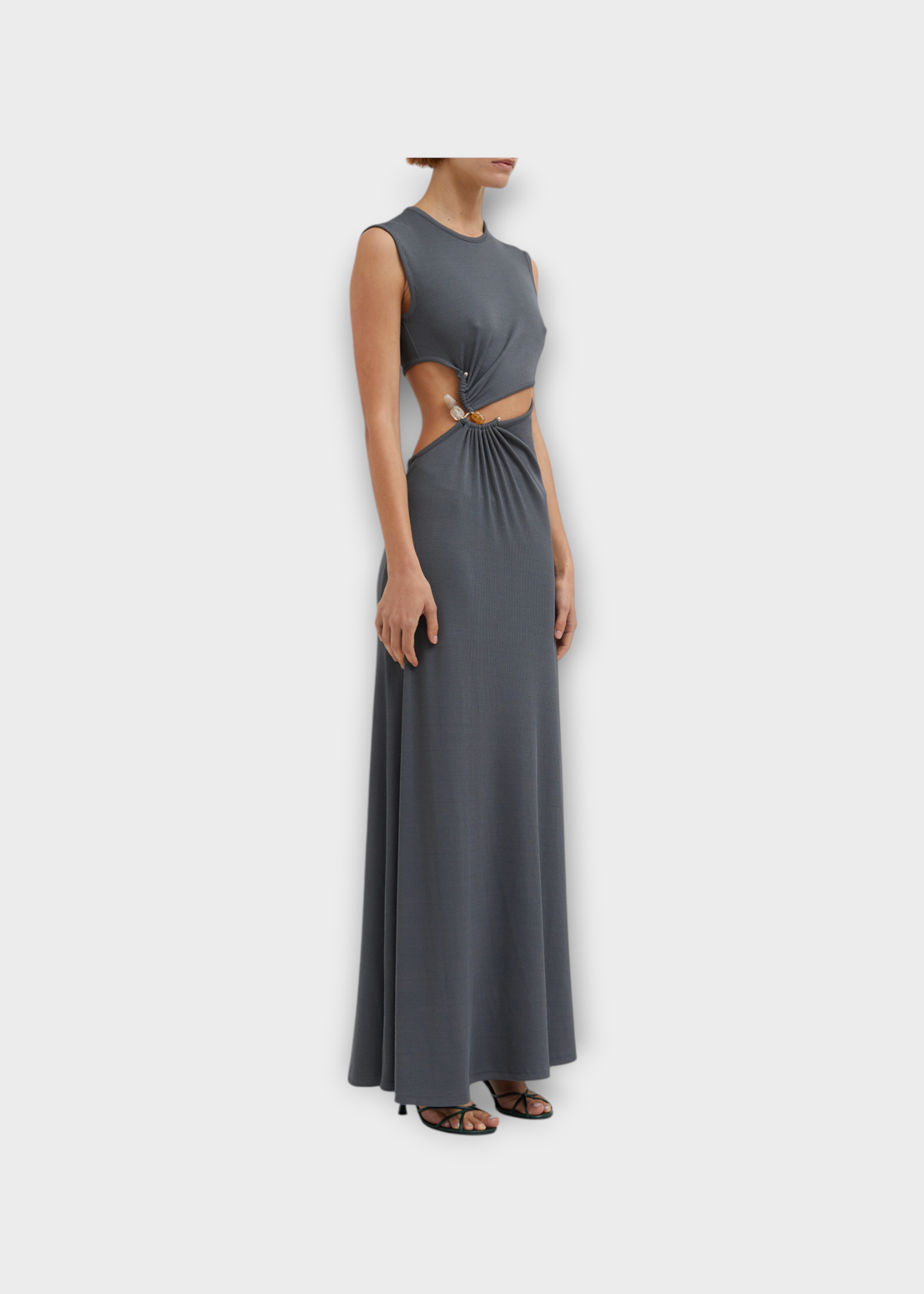 Christopher Esber Christopher Esber Dress, Grey, Concave Stone Tank Long Dress In Steel w/ Cut Out Detail & Quartz Stone