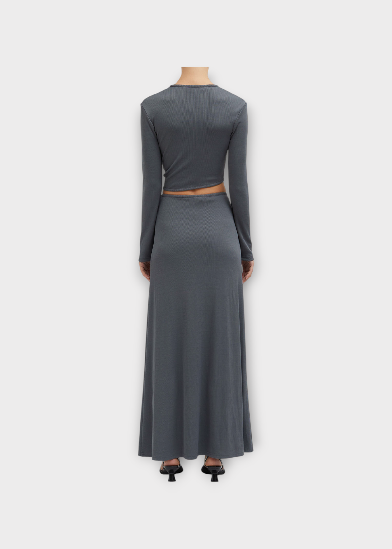 Christopher Esber Christopher Esber Skirt, Grey, Trio Ribbed High Waist Long Skirt In Steel w/ Stone Embellishment
