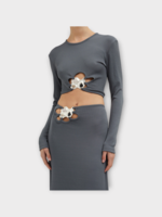 Christopher Esber Christopher Esber Top, Grey, Trio Ribbed Crew Neck Long Sleeve Cropped Top In Steel w/ Stone Embellishment