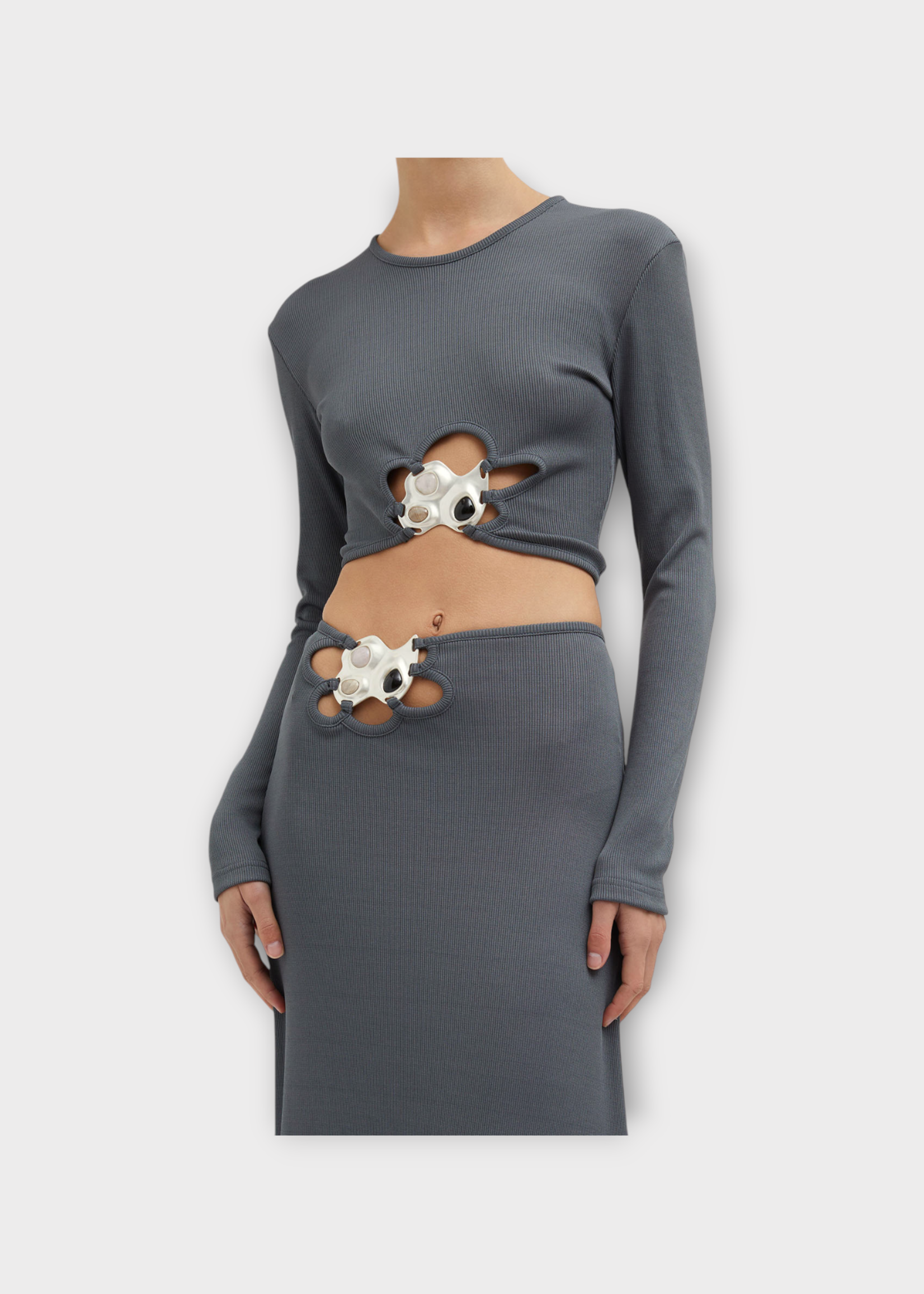 Christopher Esber Christopher Esber Top, Grey, Trio Ribbed Crew Neck Long Sleeve Cropped Top In Steel w/ Stone Embellishment