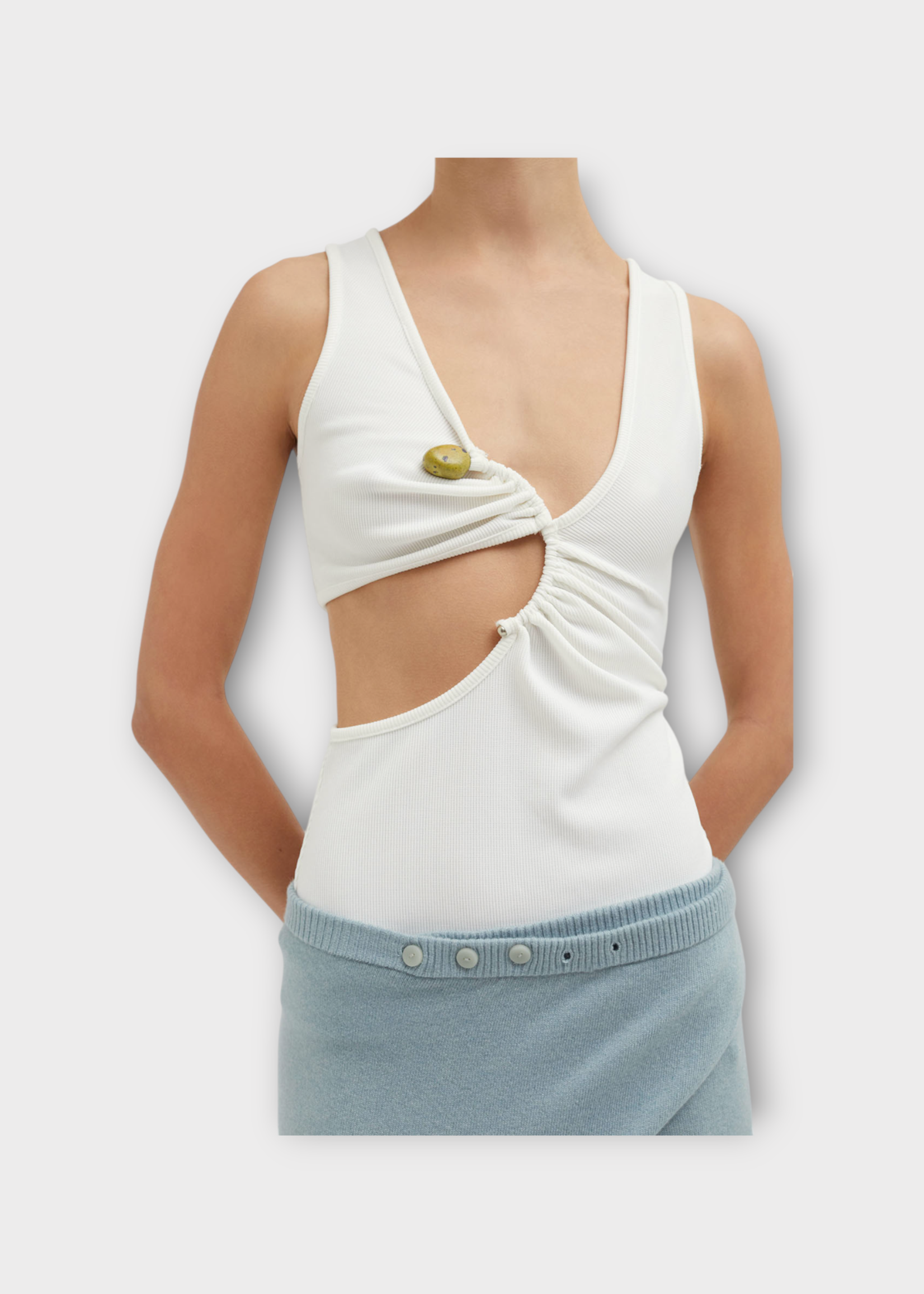 Christopher Esber Christopher Esber Top, White, Arc V-Neck Asymmetric Tank Top In White w/ Cut Out Detail & Natural Stone