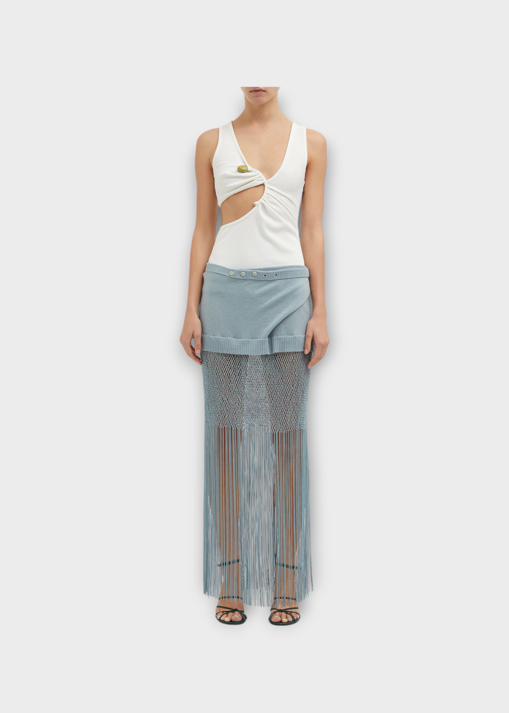 Christopher Esber Christopher Esber Top, White, Arc V-Neck Asymmetric Tank Top In White w/ Cut Out Detail & Natural Stone