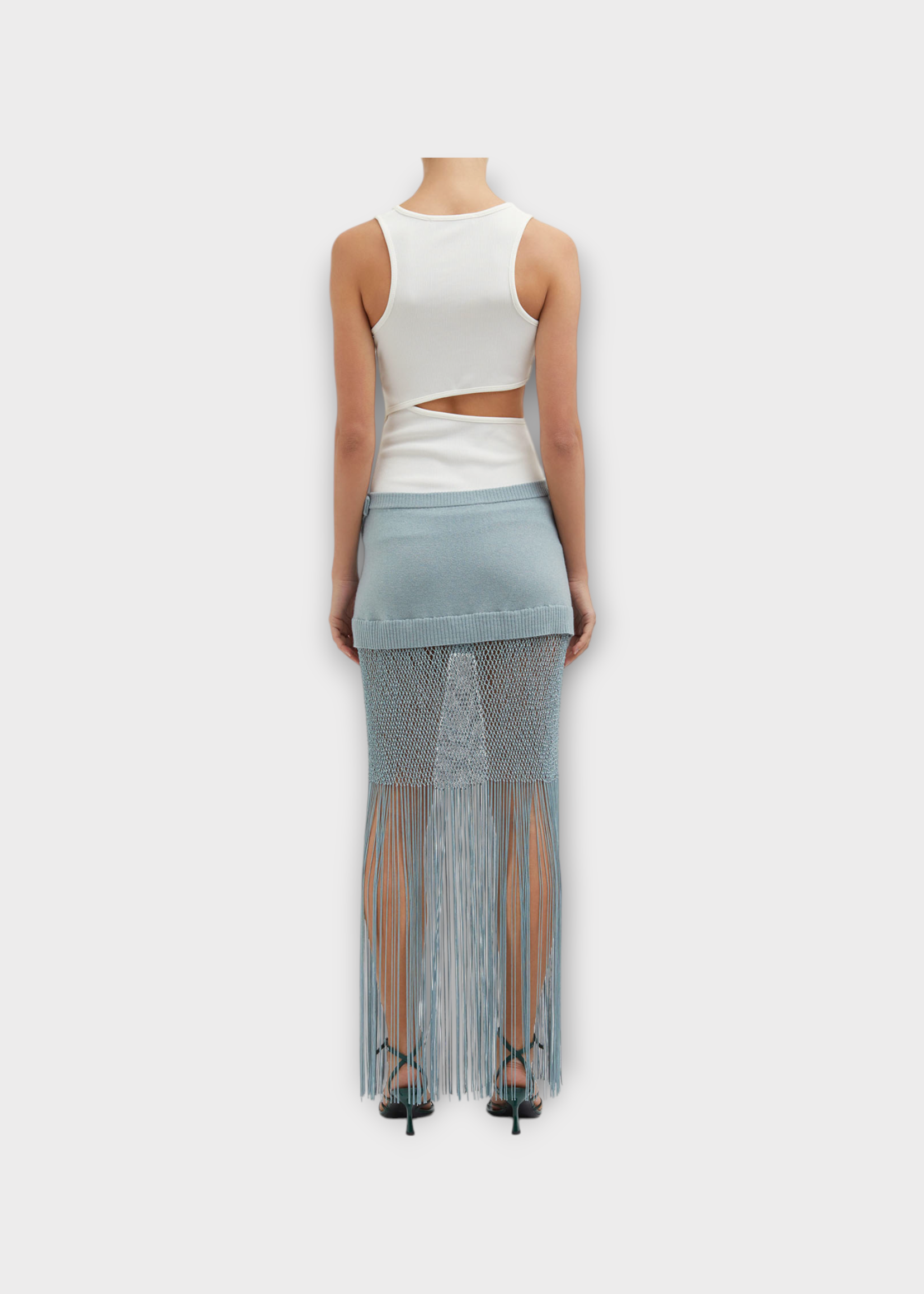 Christopher Esber Christopher Esber Top, White, Arc V-Neck Asymmetric Tank Top In White w/ Cut Out Detail & Natural Stone
