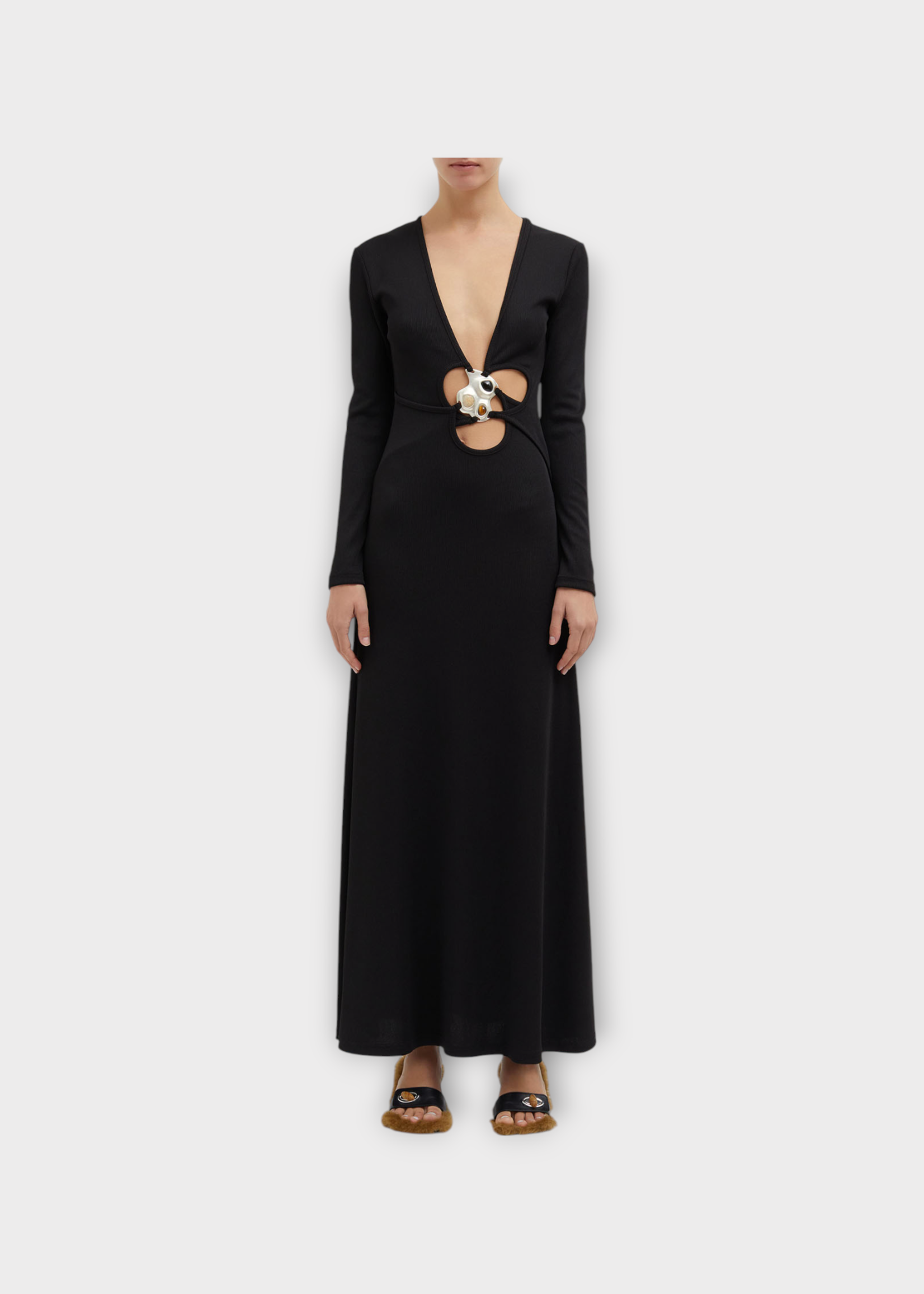 Christopher Esber Christopher Esber Dress, Black, Trio Ribbed V-Neck Long Dress In Black w/ Cut Out Detail & Stone Embellishment