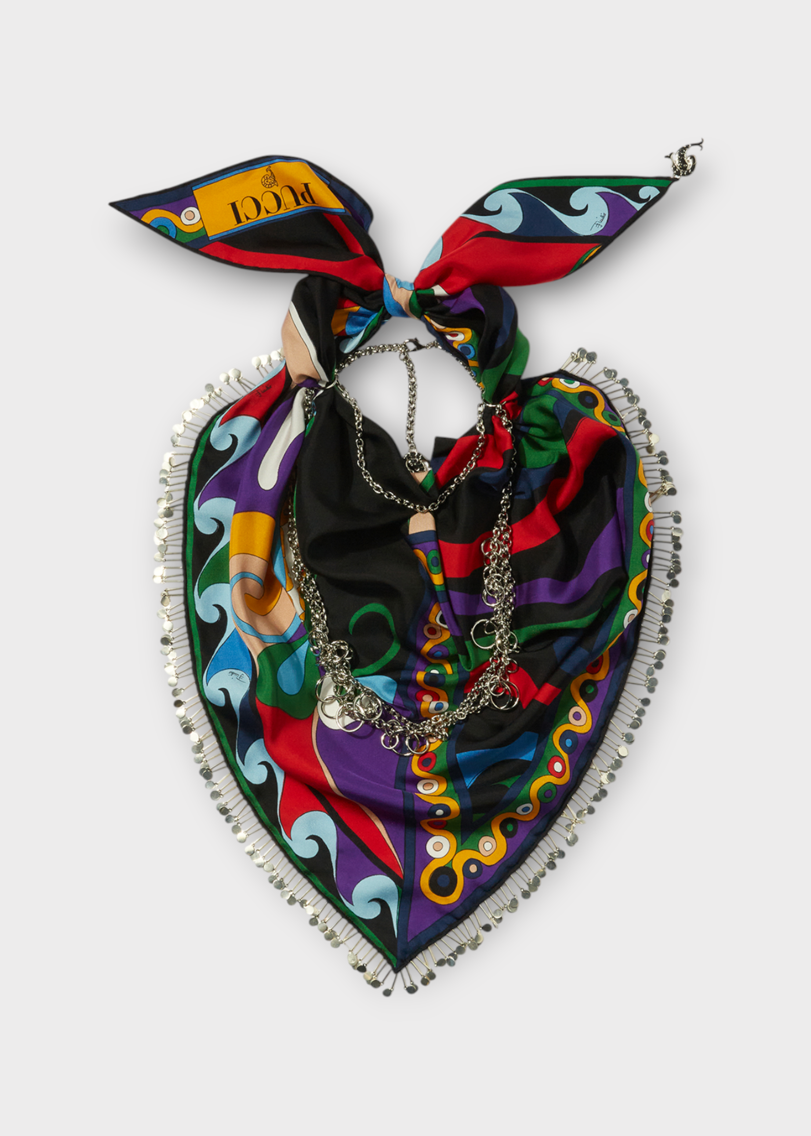 Emilio Pucci Emilio Pucci Scarf, Print, Silk Necklace Chain Embellished Foulard in Multicolour w/ Iride & Marmo Print