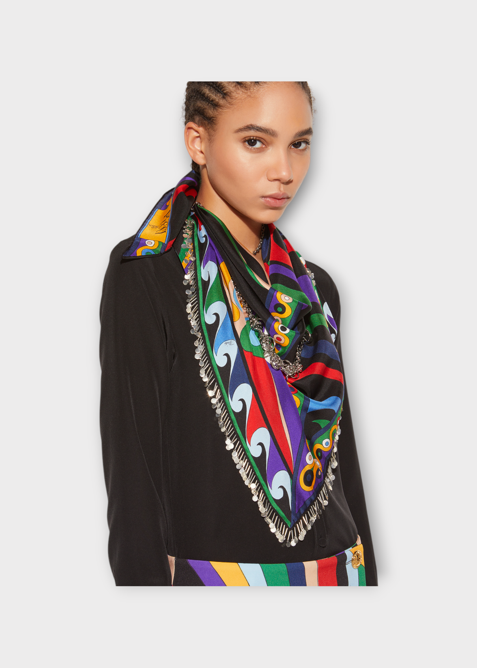Emilio Pucci Emilio Pucci Scarf, Print, Silk Necklace Chain Embellished Foulard in Multicolour w/ Iride & Marmo Print