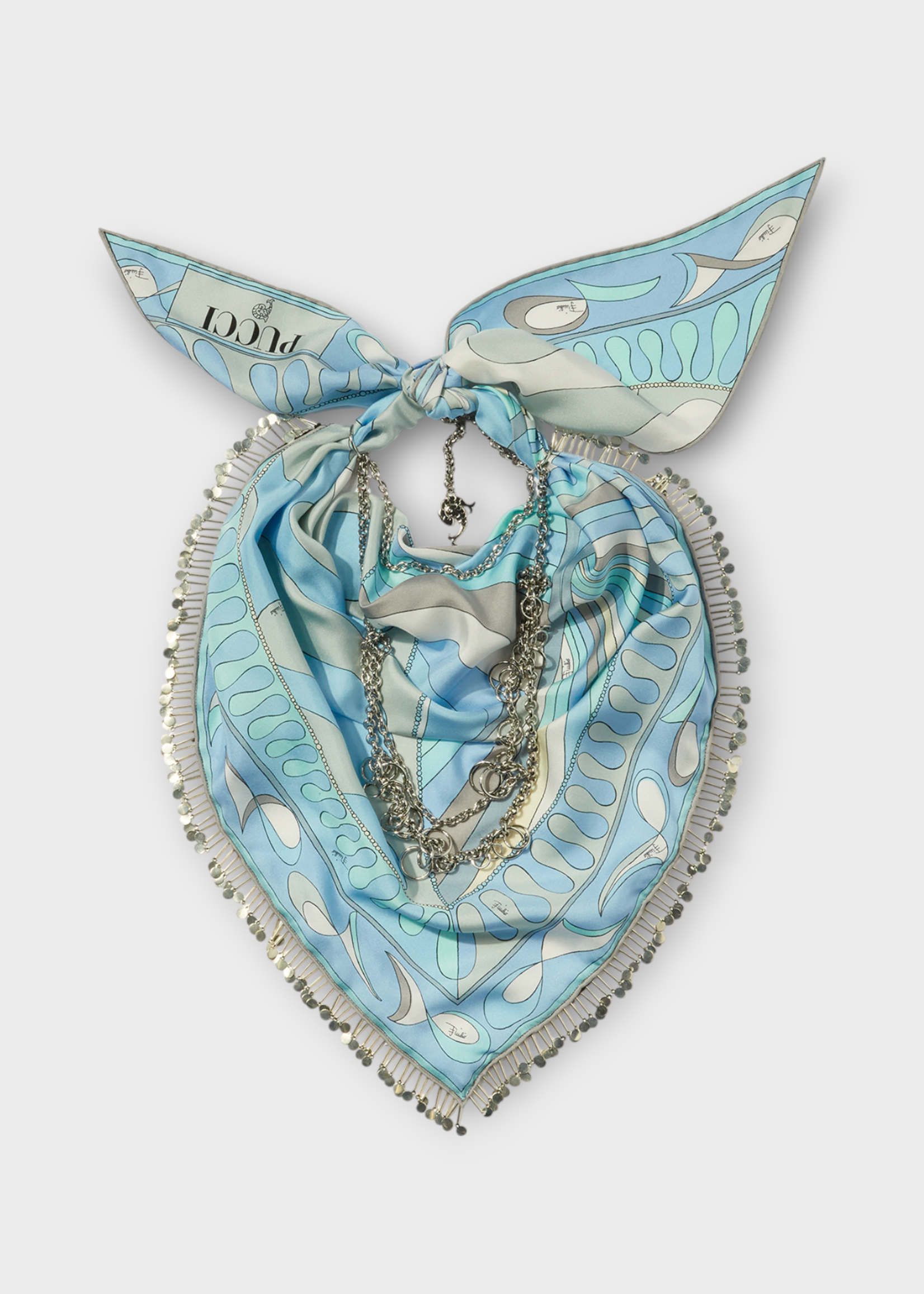 Emilio Pucci Emilio Pucci Scarf, Print, Silk Necklace Chain Embellished Foulard in in Light Blue w/ Leocorno & Pesci Print