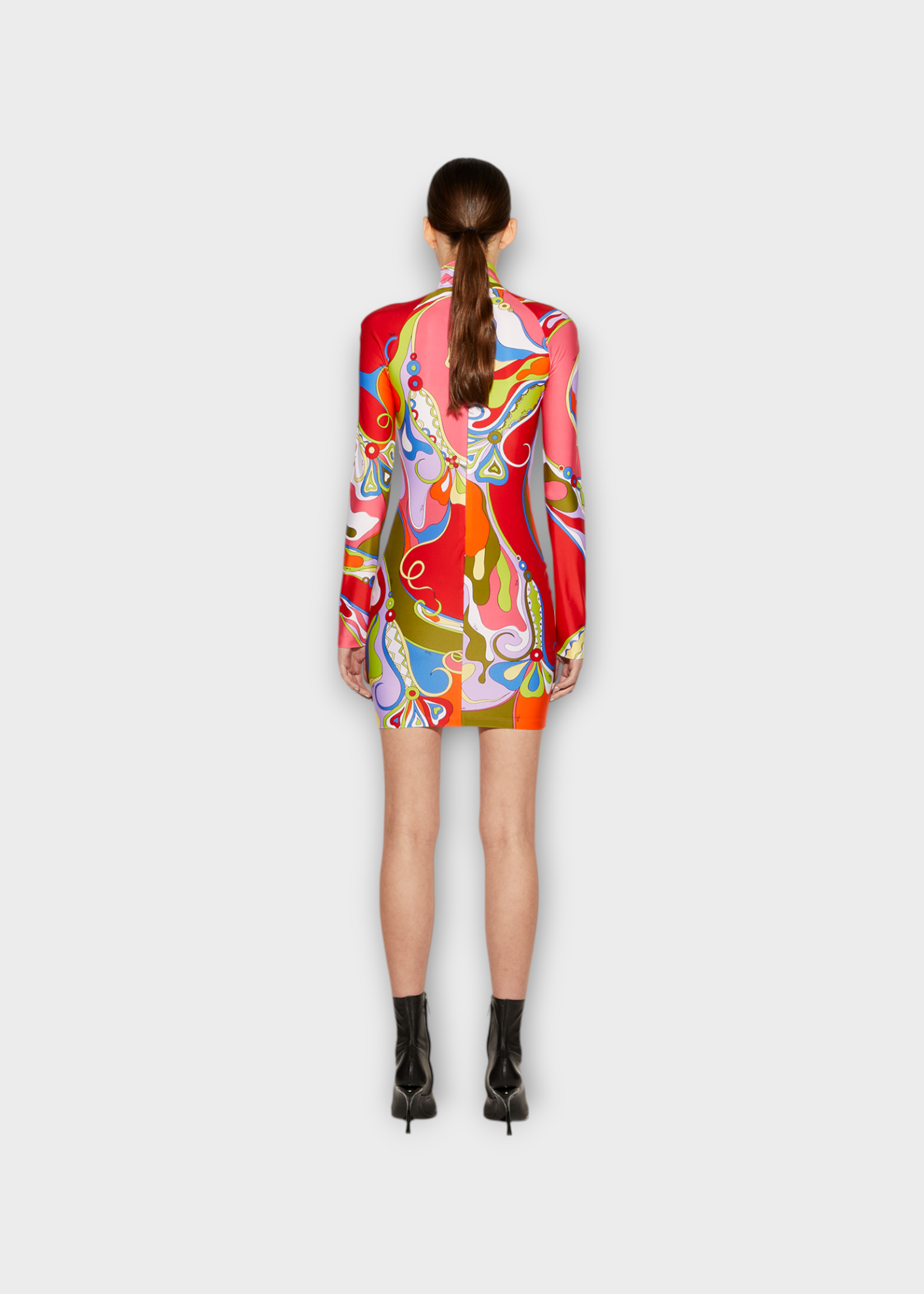 Emilio Pucci Emilio Pucci Dress, Print, Lycra High Neck Long Sleeve Mini Dress In Red w/ Orchid Print