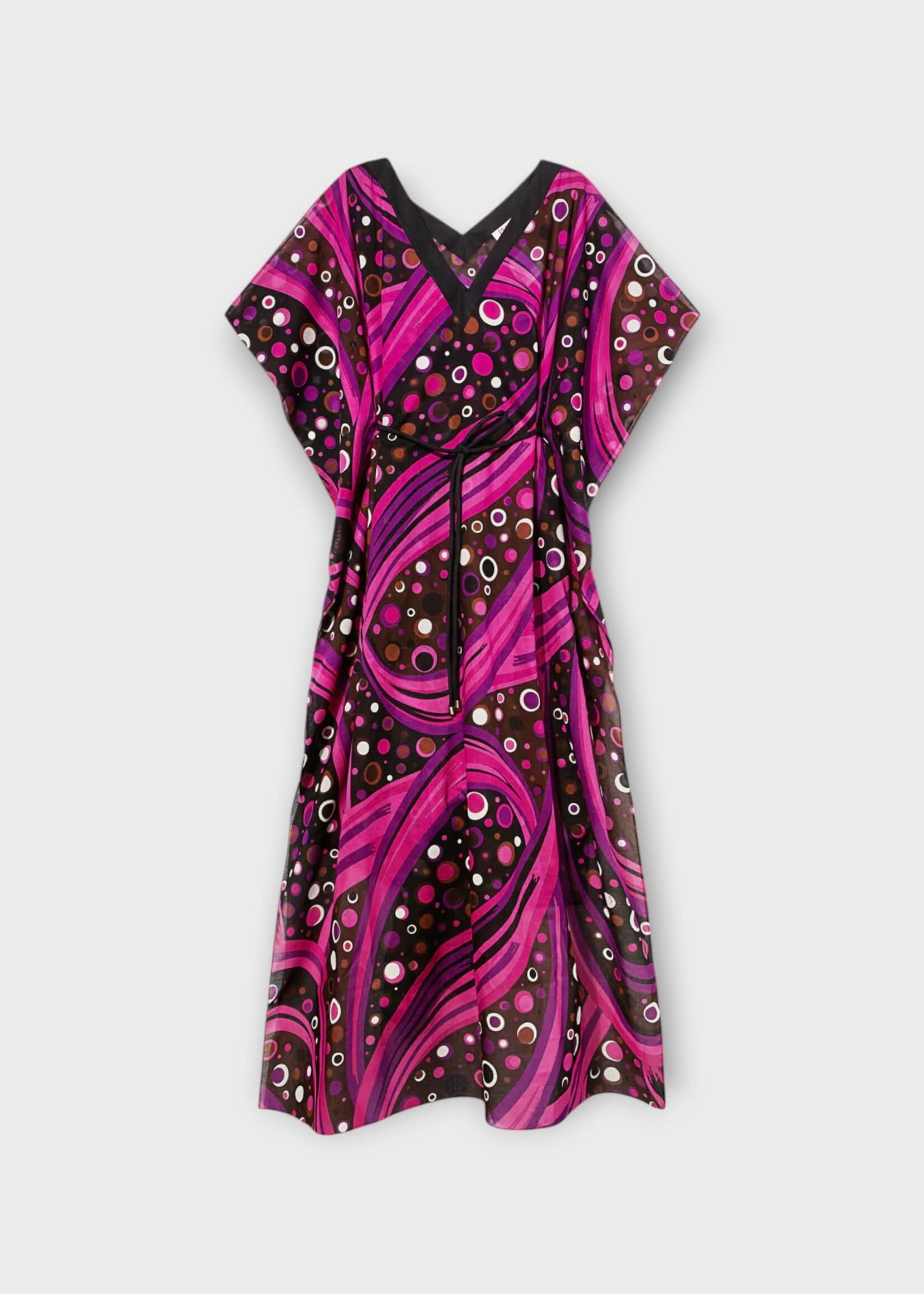 Emilio Pucci Emilio Pucci Dress, Print, Cotton V-Neck Belted Kaftan in Fuchsia w/ Fontane Print