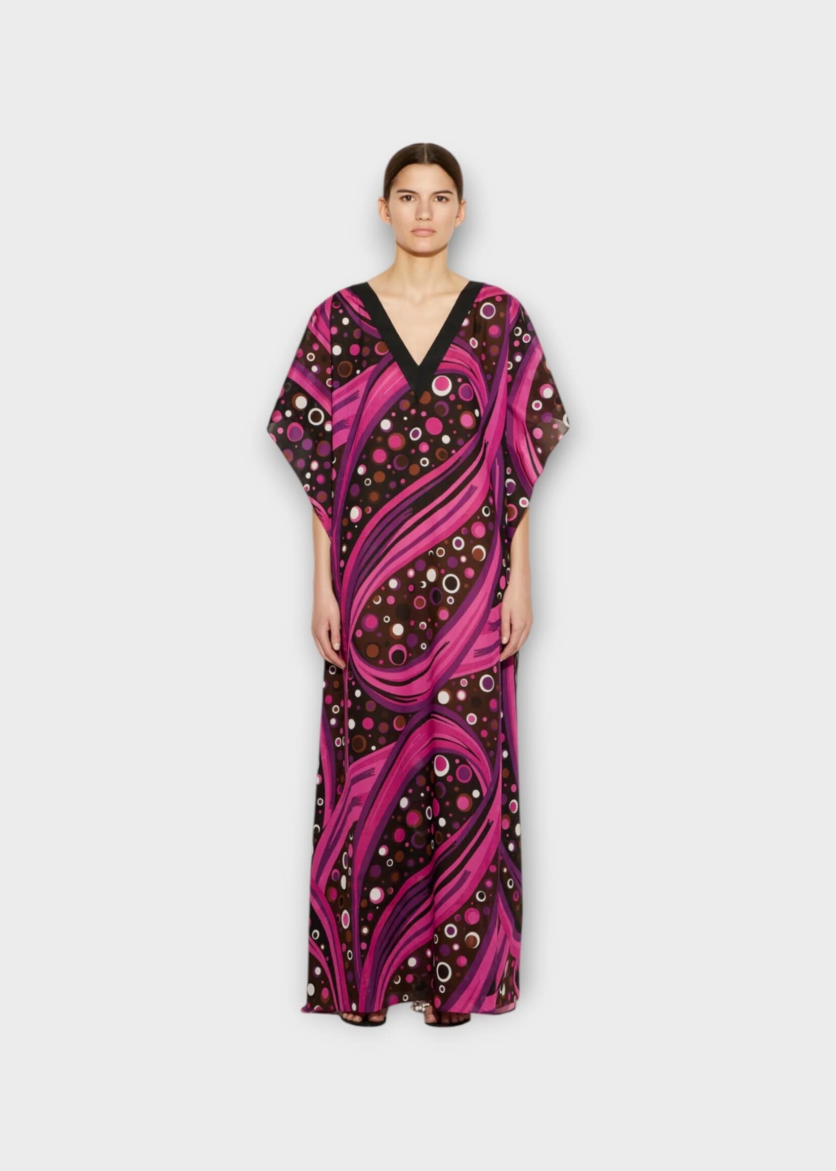 Emilio Pucci Emilio Pucci Dress, Print, Cotton V-Neck Belted Kaftan in Fuchsia w/ Fontane Print