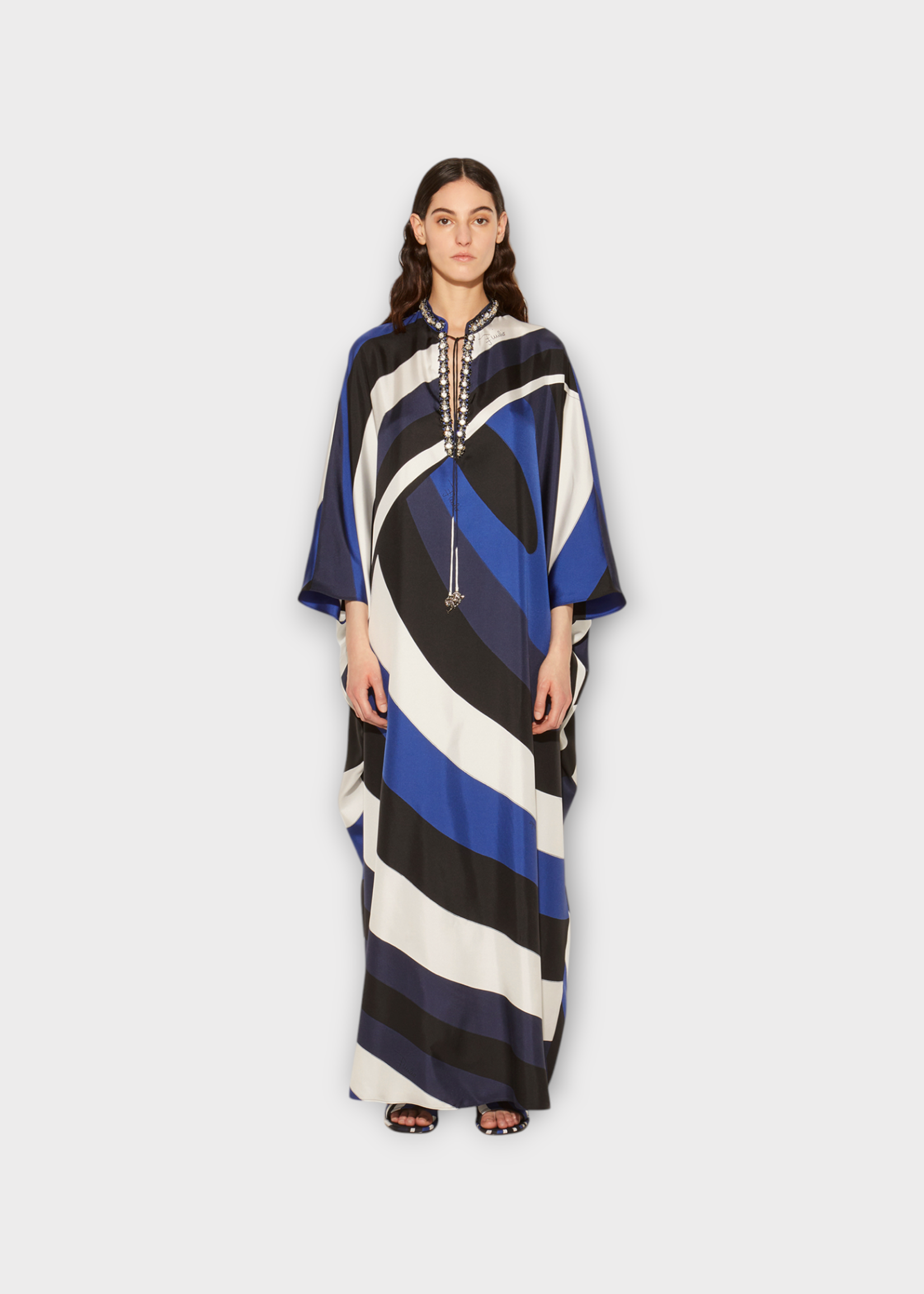 Emilio Pucci Emilio Pucci Dress, Print, Silk Twill Oversized V-Neck Long Kaftan In Blue & Black w/ Iride Print
