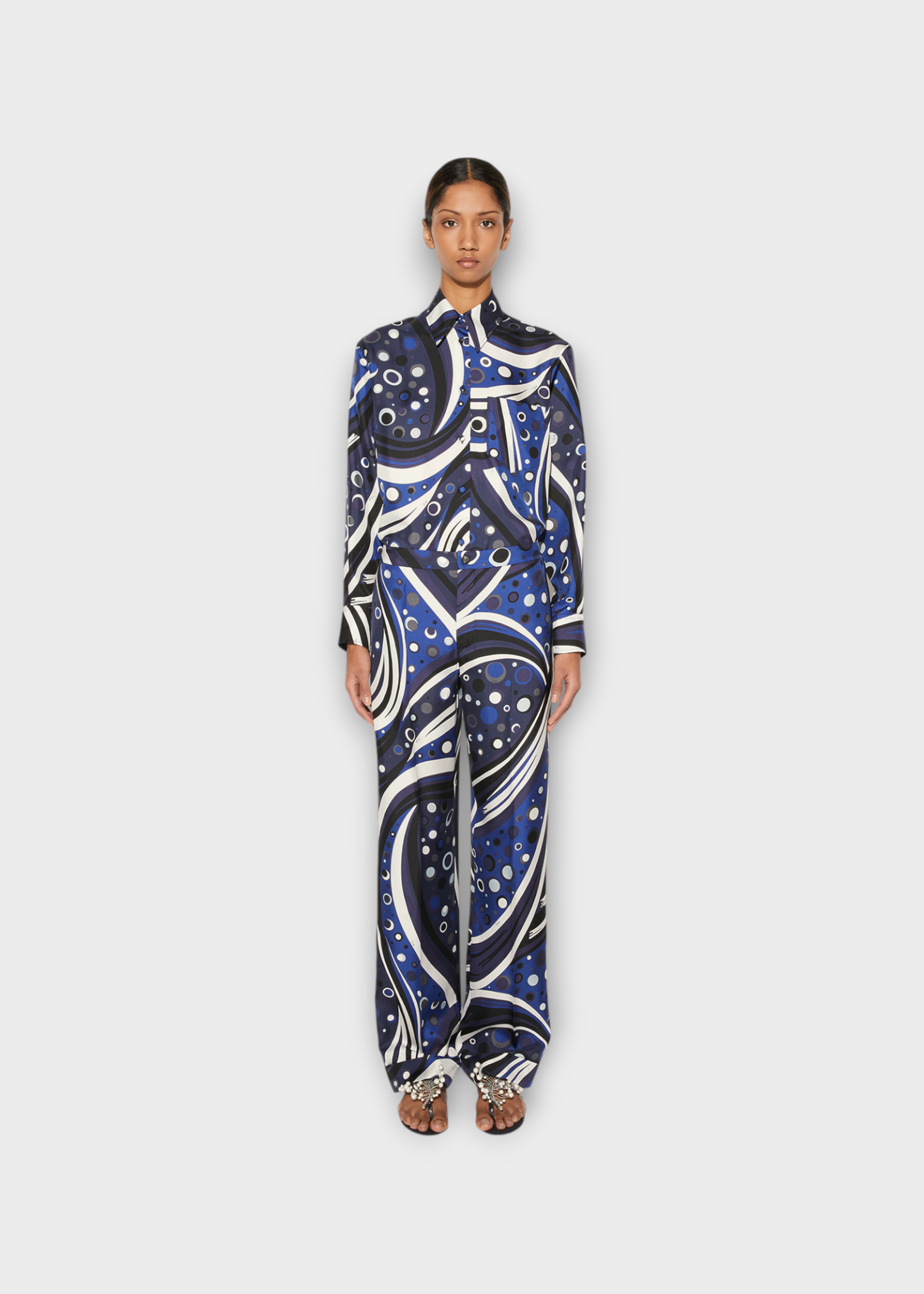 Emilio Pucci Emilio Pucci Trousers, Print, Silk Straight Leg Trousers in Navy w/ Fontane Print