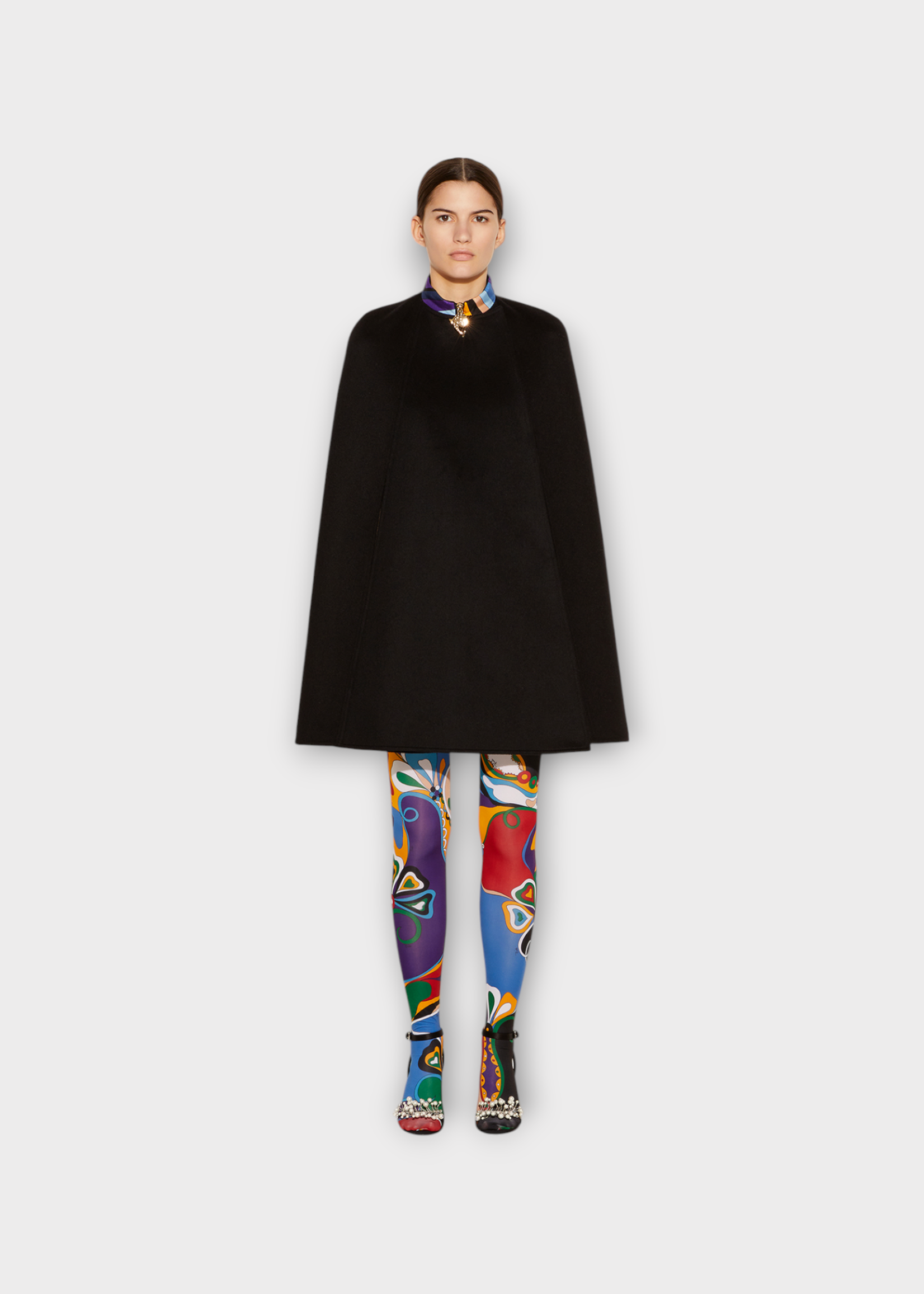 Emilio Pucci Emilio Pucci Coat, Black, Wool Cape Collared in Black w/ Iride Print Detail