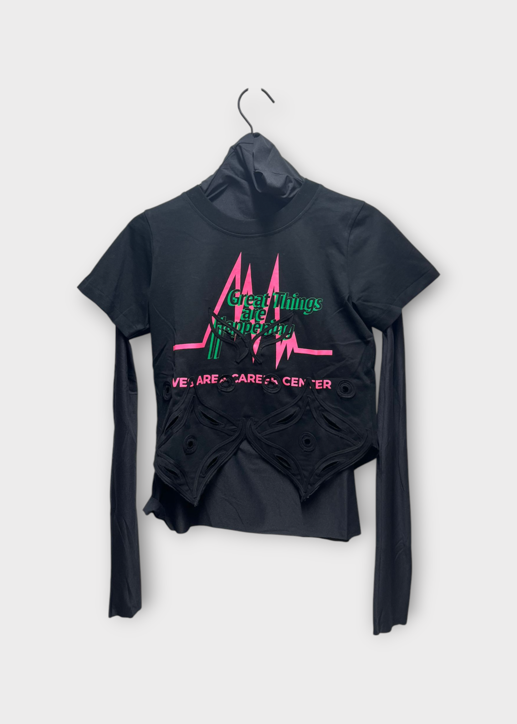 Conner Ives Conner Ives T-Shirt, Black, Cotton Shiffili Layered Top in Black w/ "Great Things Are Happening" Print