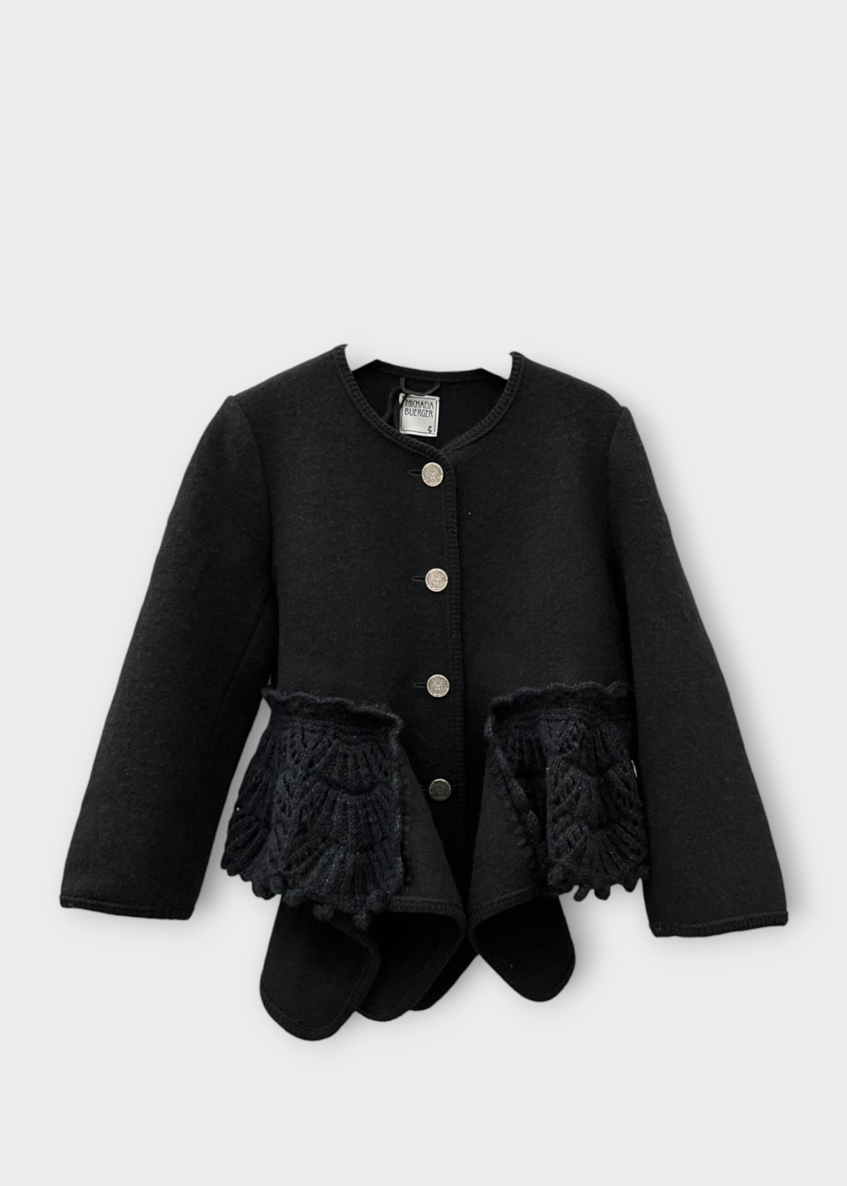 Michaela Buerger Michaela Buerger Knitwear, Black, Millie Wool Crew Neck Button Up Asymmetric Cardigan In Black w/ Embroidery Details