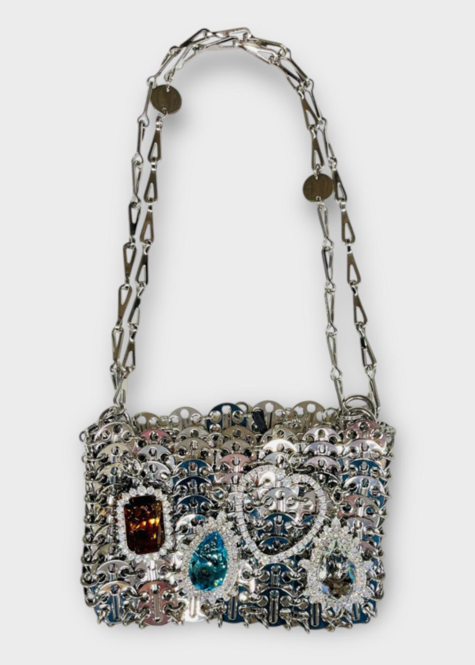 Rabanne Rabanne Bag, Silver, Metal Disc 1969 Nano Shoulder Bag w/ Rhinestone Brooches