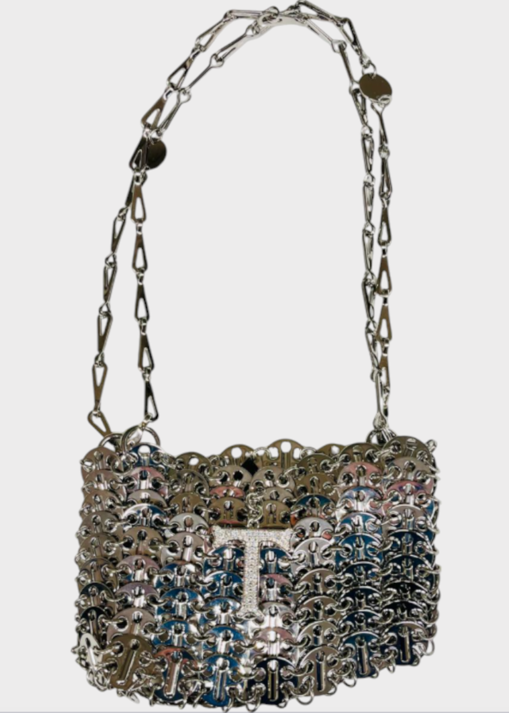 Rabanne Rabanne Bag, Silver, Metal Disc 1969 Nano Shoulder Bag w/ Rhinestone Brooches