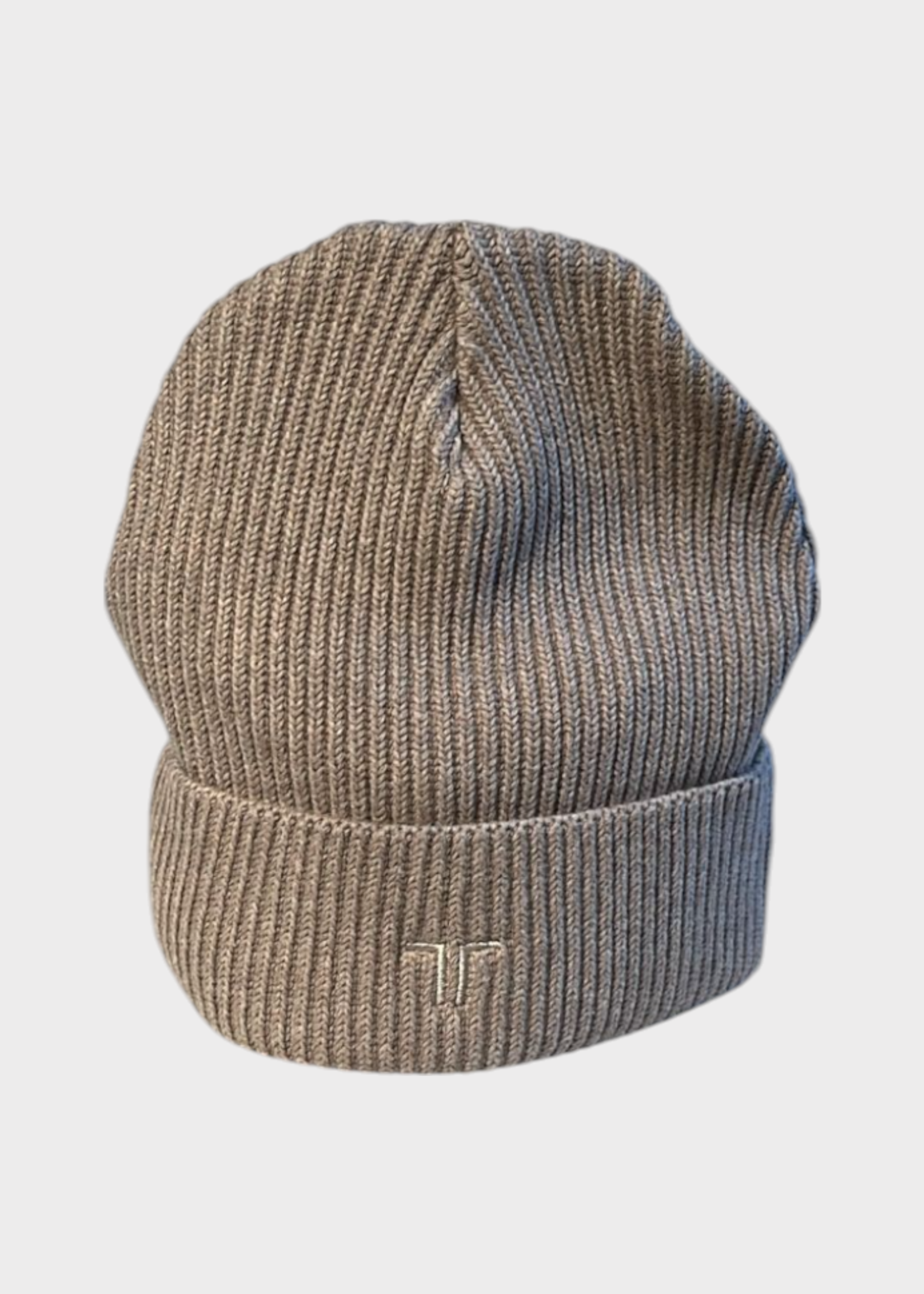 Tasoni TASONI Hat, Beige, Fisherman Ribbed Beanie in Heather Sand w/ Logo Embroidery
