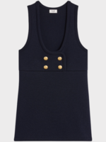 Celine Celine Dress, Navy, Wool Sleeveless Tunic Mini Dress in Black w/ Gold Buttons