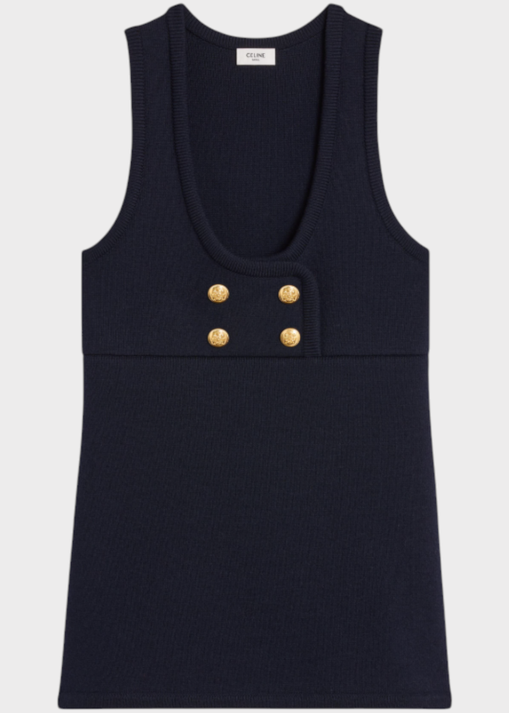 Celine Celine Dress, Navy, Wool Sleeveless Tunic Mini Dress in Black w/ Gold Buttons
