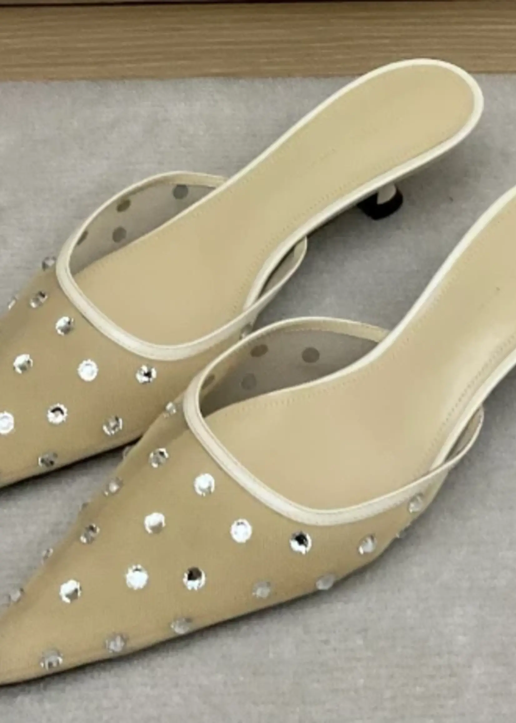 Khaite Khaite Heels, Beige, Minna Airy Mesh Pointy Mules In Nude w/ Swarovski Crystals