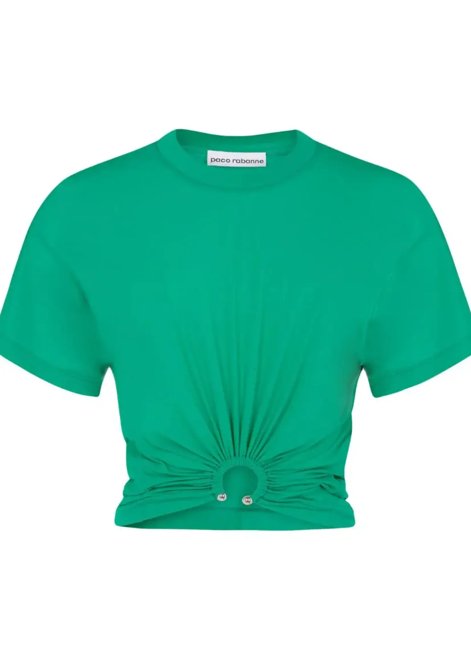 Rabanne Paco Rabanne T-Shirt, Green, Crew Neck Short Sleeve Asymetric T-Shirt In Emeraude w/ Ring Application