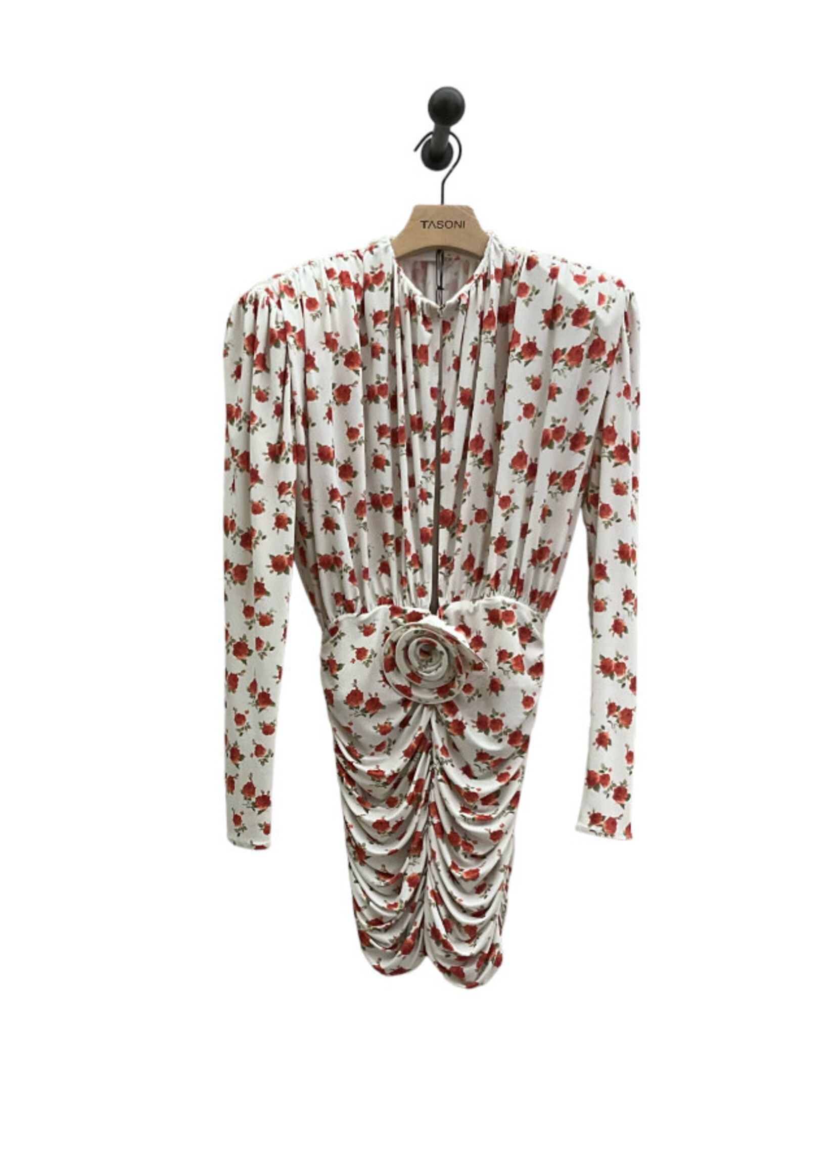 Magda Butrym Magda Butrym Dress, Print, Crew Neck Long Sleeve Ruffle Skirt Mini Dress in Cream w/ Rose Print