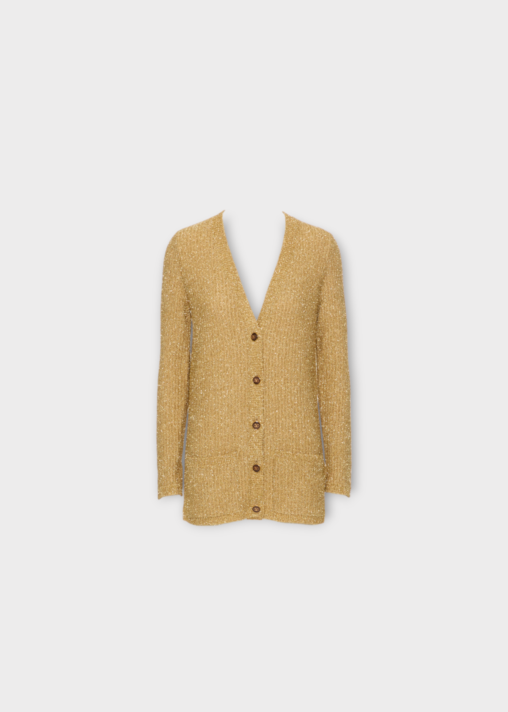 Valentino Valentino Knitwear, Gold, Lurex V-Neck Button Up Solid Cardigan