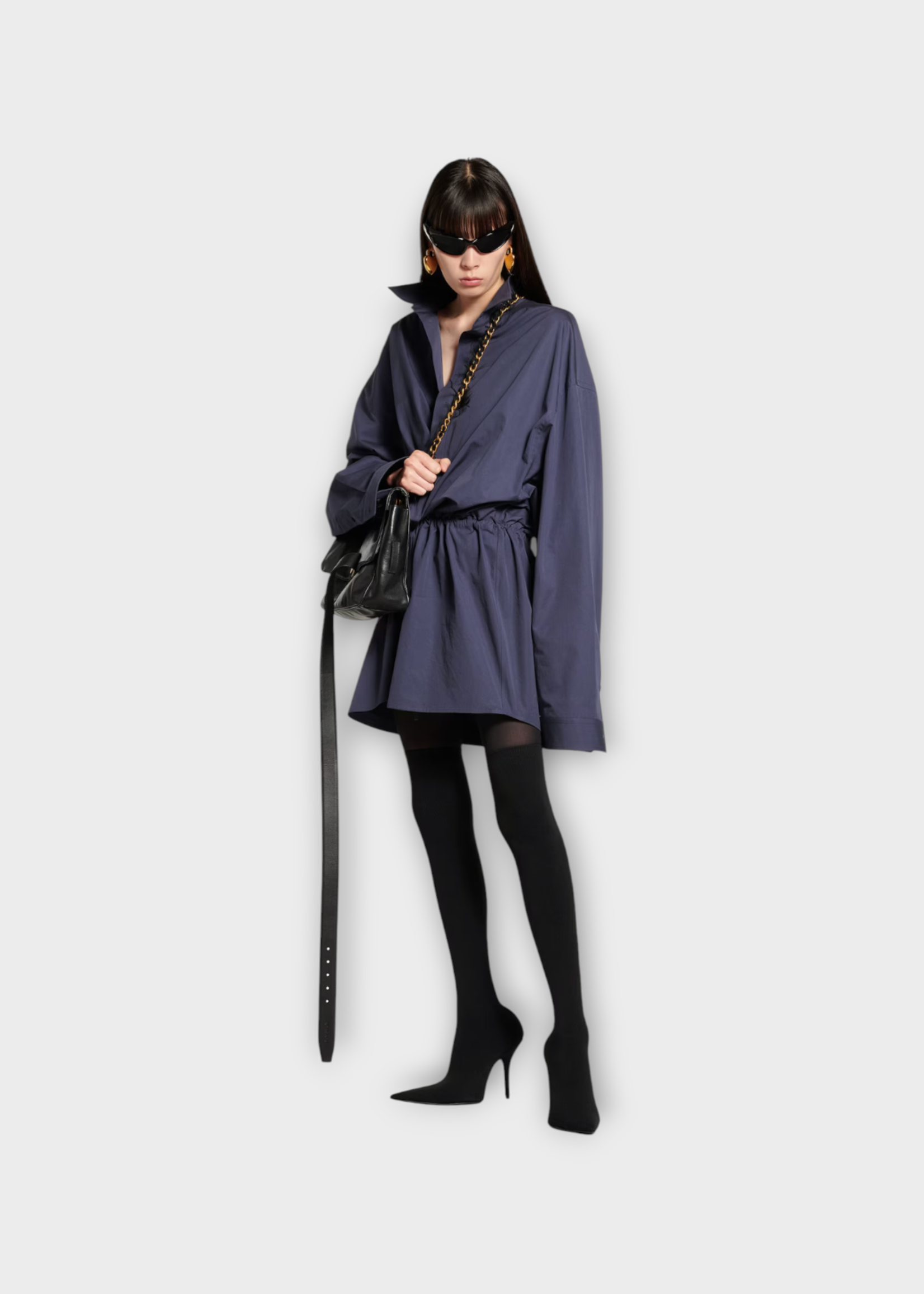 Balenciaga Balenciaga Dress, Navy, Cotton Collared Button Up Washed Papery Poplin Mini Shirt Dress In Faded Blue