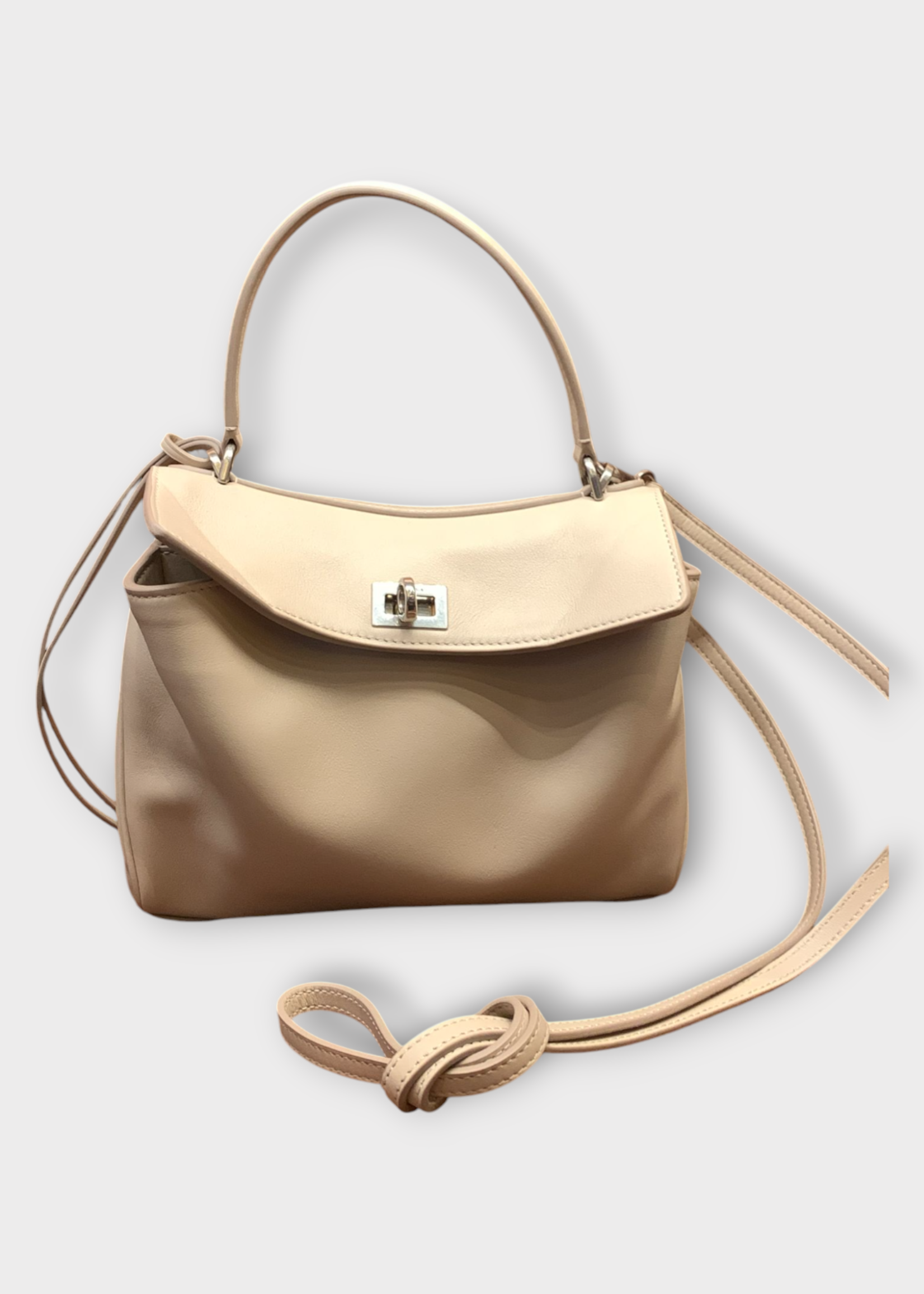 Balenciaga Balenciaga Bag, Beige, Rodeo Top Handle Mini Natural Smooth Calf In Almond w/ Silver Wear & Shoulder Strap