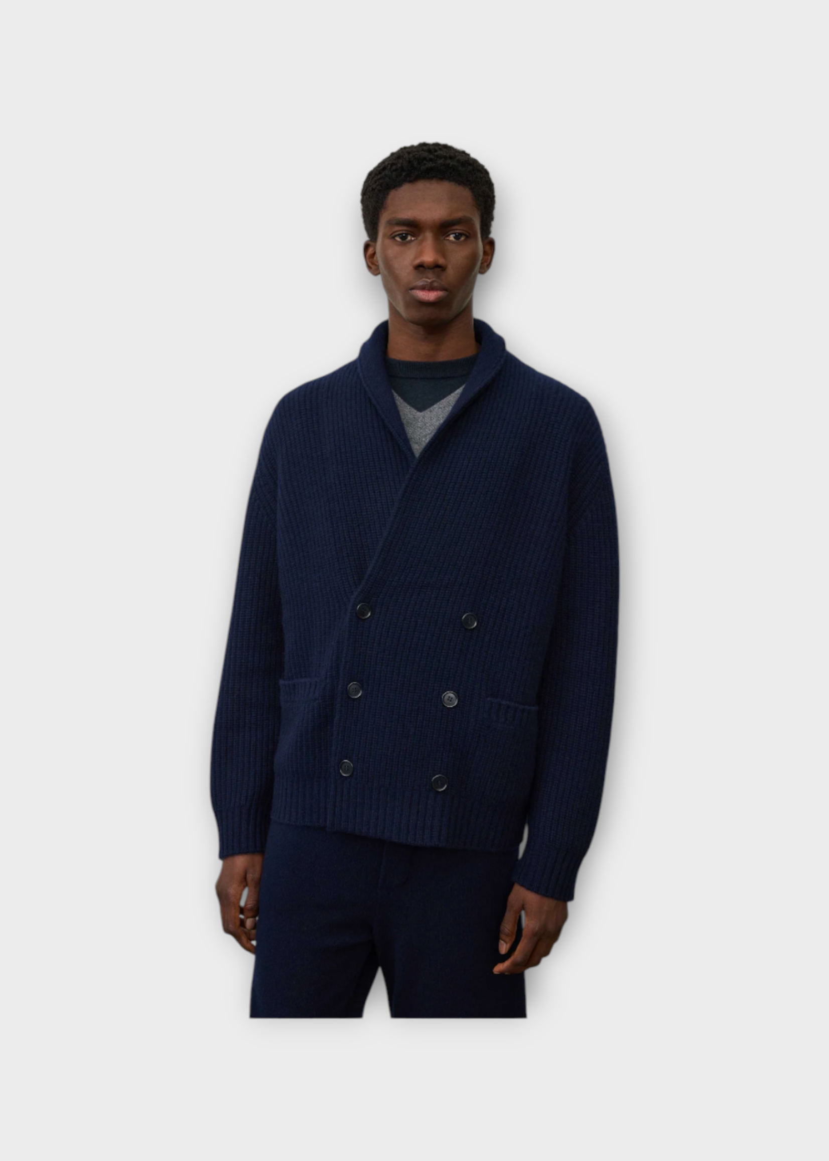 Lisa Yang Lisa Yang Knitwear, Navy, Lyle Cashmere Knitted Ribbed Double Breasted Cardigan Jacket