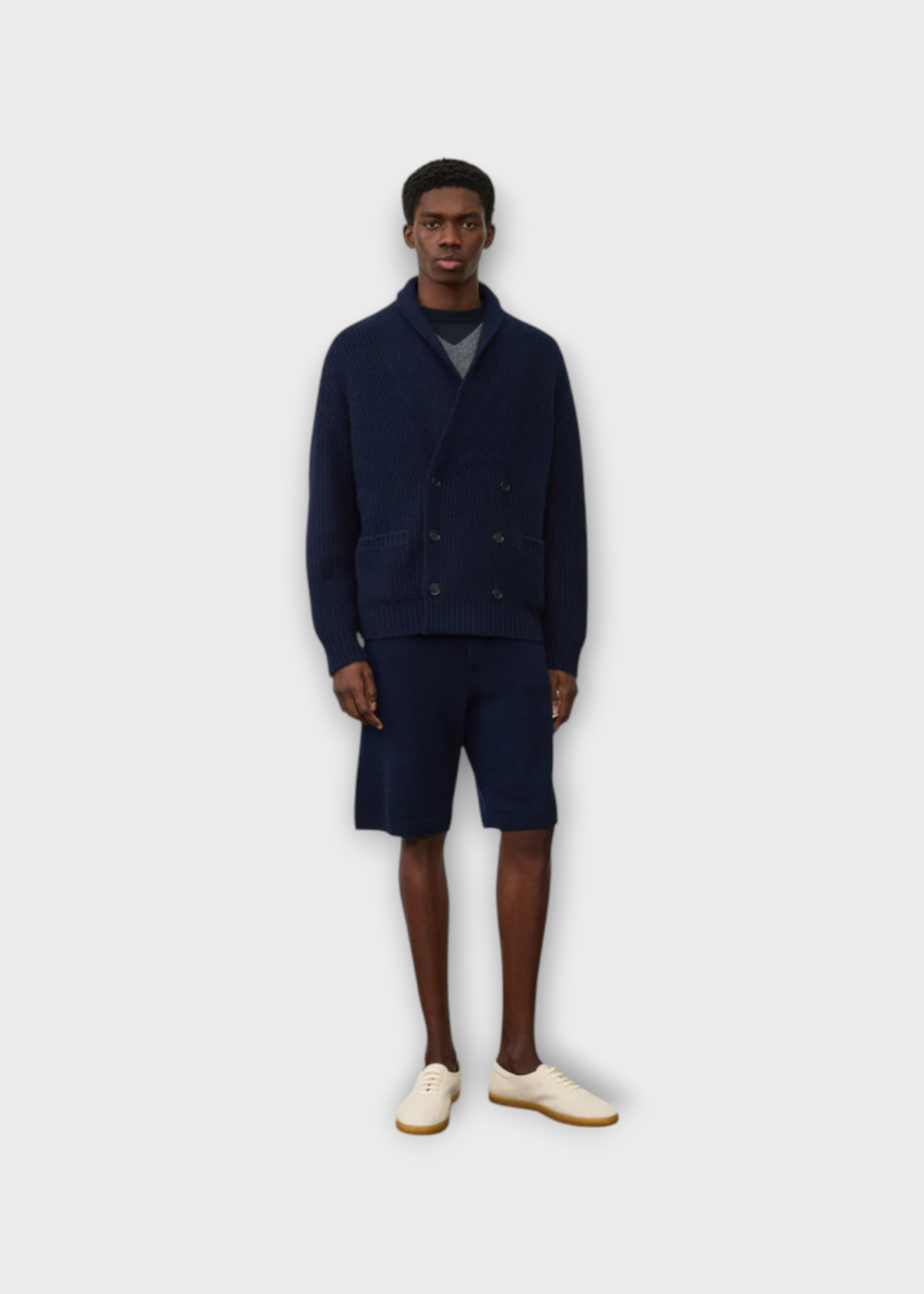 Lisa Yang Lisa Yang Knitwear, Navy, Lyle Cashmere Knitted Ribbed Double Breasted Cardigan Jacket