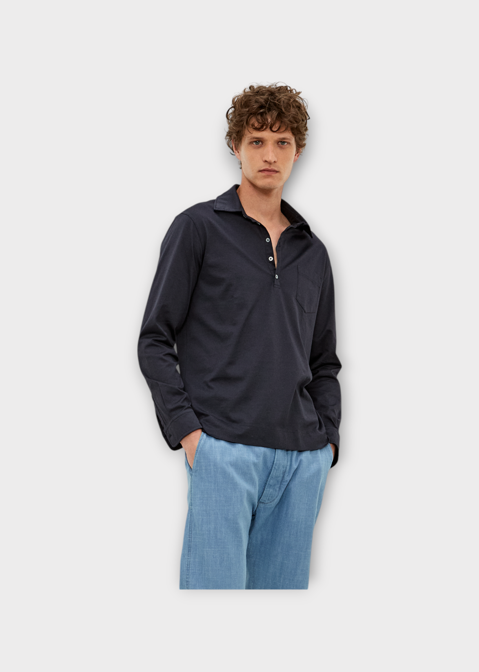 Massimo Alba Massimo Alba Polo, Blue, Ischia2 Cotton Long Sleeve Polo In Blu w/ Chest Pocket