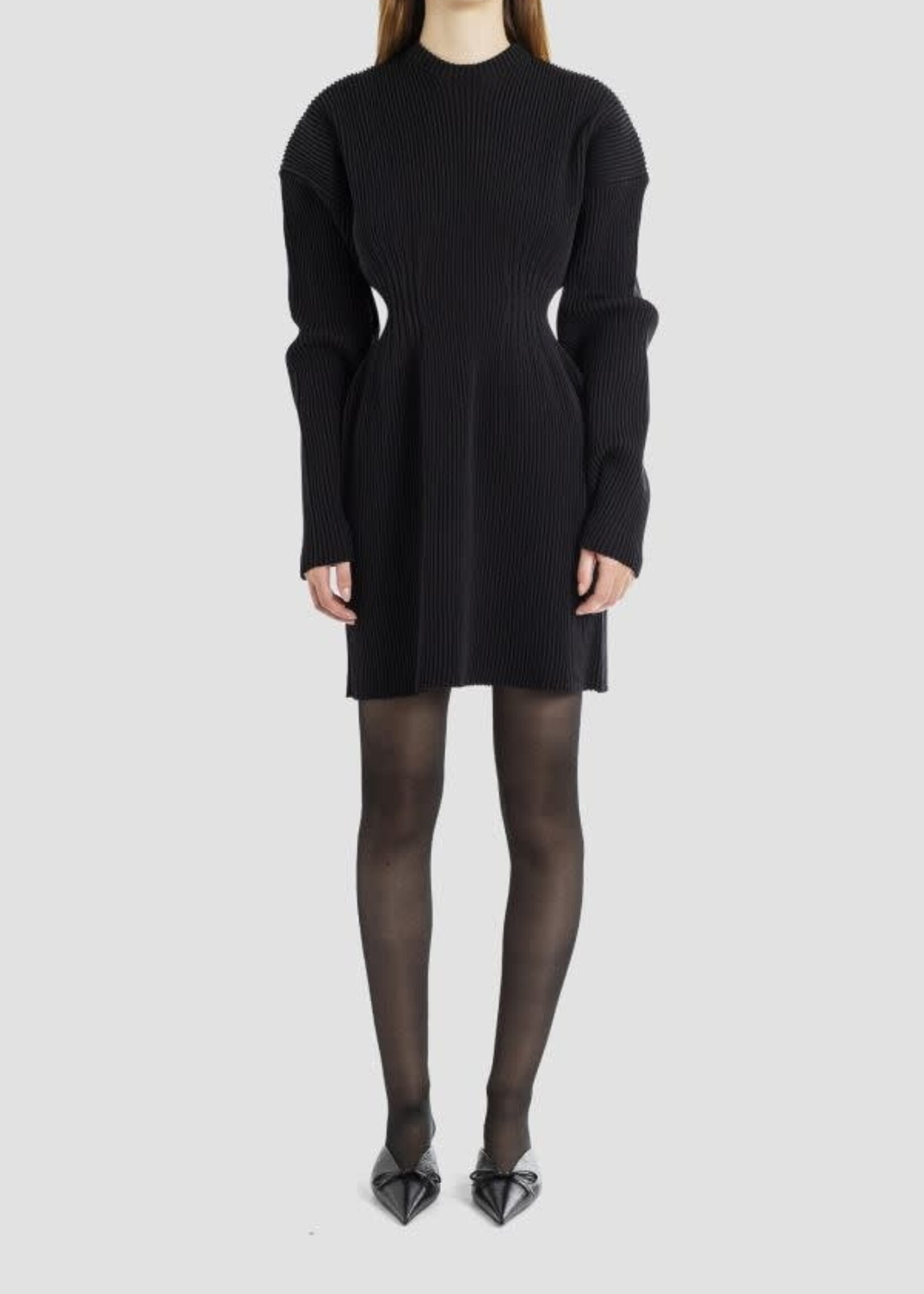 Balenciaga Balenciaga Dress, Black, Crew Neck Long Sleeve Ribbed Knit Hourglass Dress