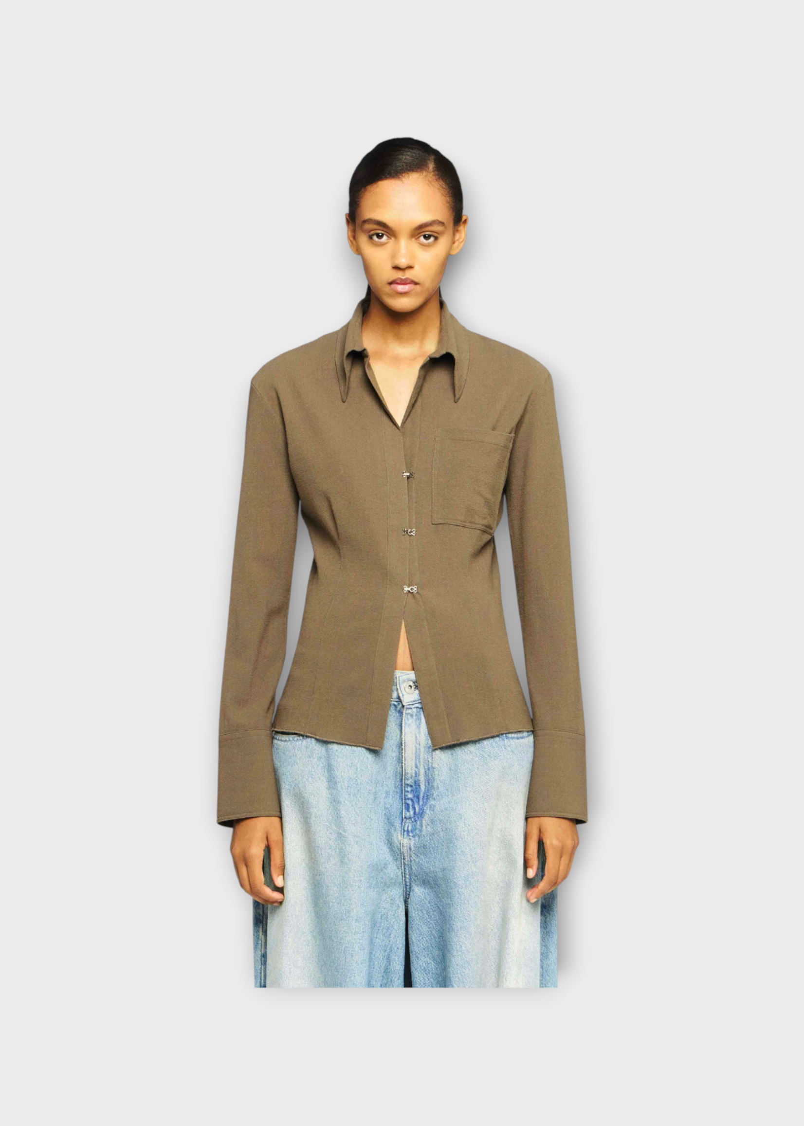 J.W. Anderson J.W. Anderson Shirt, Green, Wool Stretch Crepe Collared Hook And Bar Shirt In Khaki