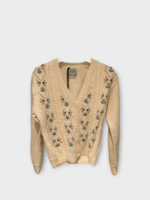Michaela Buerger Michaela Buerger Knitwear, White, Tilda Merino Wool V-Neck Button Up Cardigan w/ Flower Embroidery