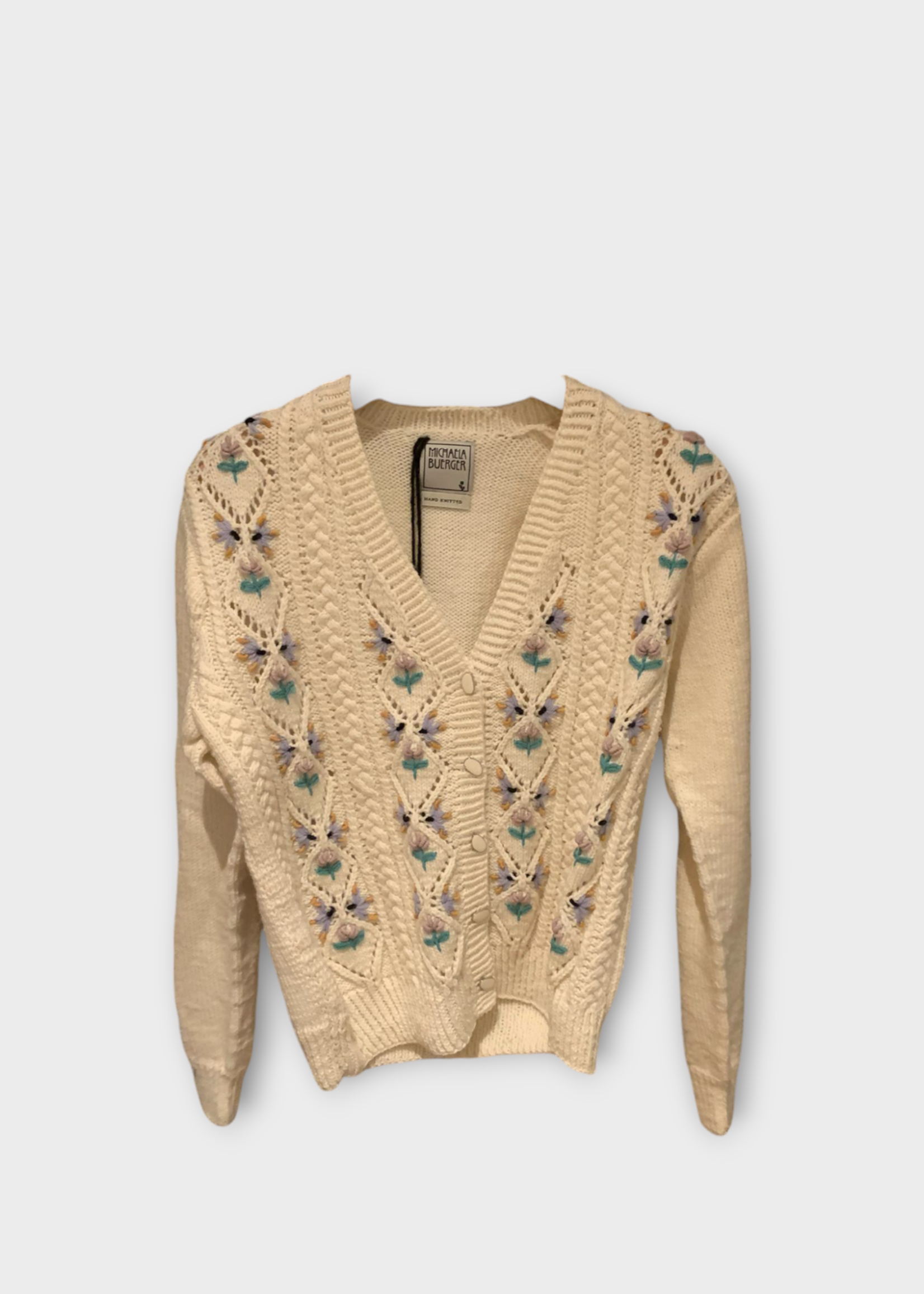 Michaela Buerger Michaela Buerger Knitwear, White, Tilda Merino Wool V-Neck Button Up Cardigan w/ Flower Embroidery