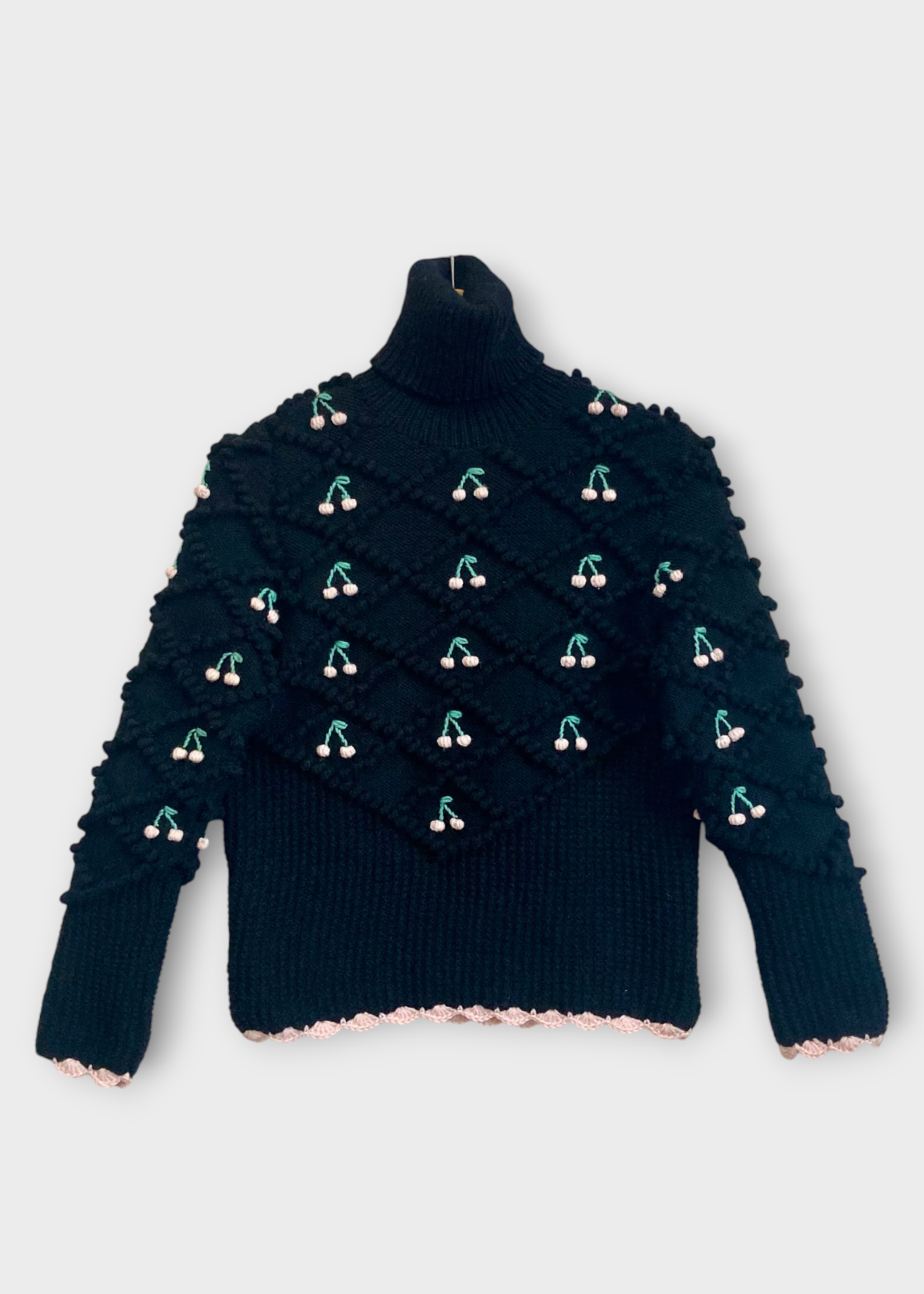 Michaela Buerger Michaela Buerger Knitwear, Black, Peppi Merino Wool Turtle Neck Knitwear w/ Cherry Embroidery