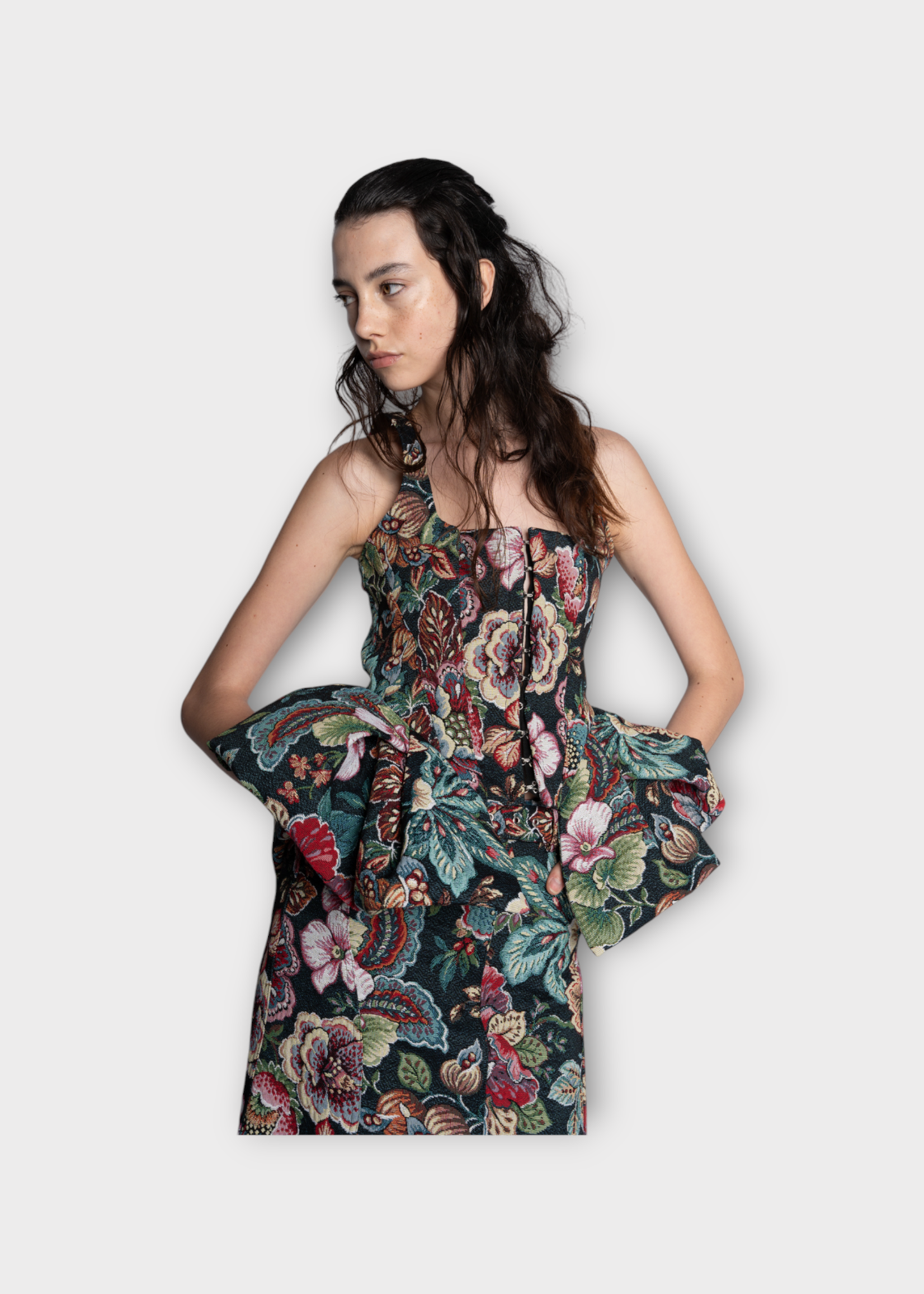 Marques' Almeida Marques Almeida Top, Multi, Brocade Corset Hook & Eye Peplum Corset In Black w/ Floral Motif