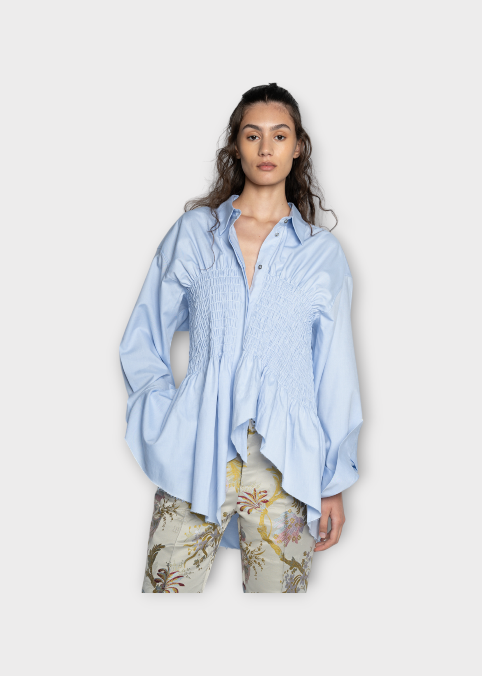 Marques' Almeida Marques Almeida Top, Blue, Cotton Long Sleeve Smock Body Shirt In Light Blue