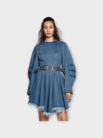 Marques' Almeida Marques Almeida Dress, Blue, Cotton Crew Neck Round Sleeve Belted Flare Mini Denim Dress In Blue