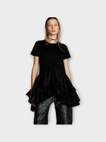 Marques' Almeida Marques Almeida T-Shirt, Black, Cotton Crew Neck Cap Sleeve Top in Black w/ Frill & Lace Hem