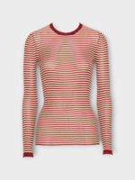 Valentino Valentino Top, Multi, Silk Crew Neck Long Sleeve Solid Striped Top in Red & Ecru